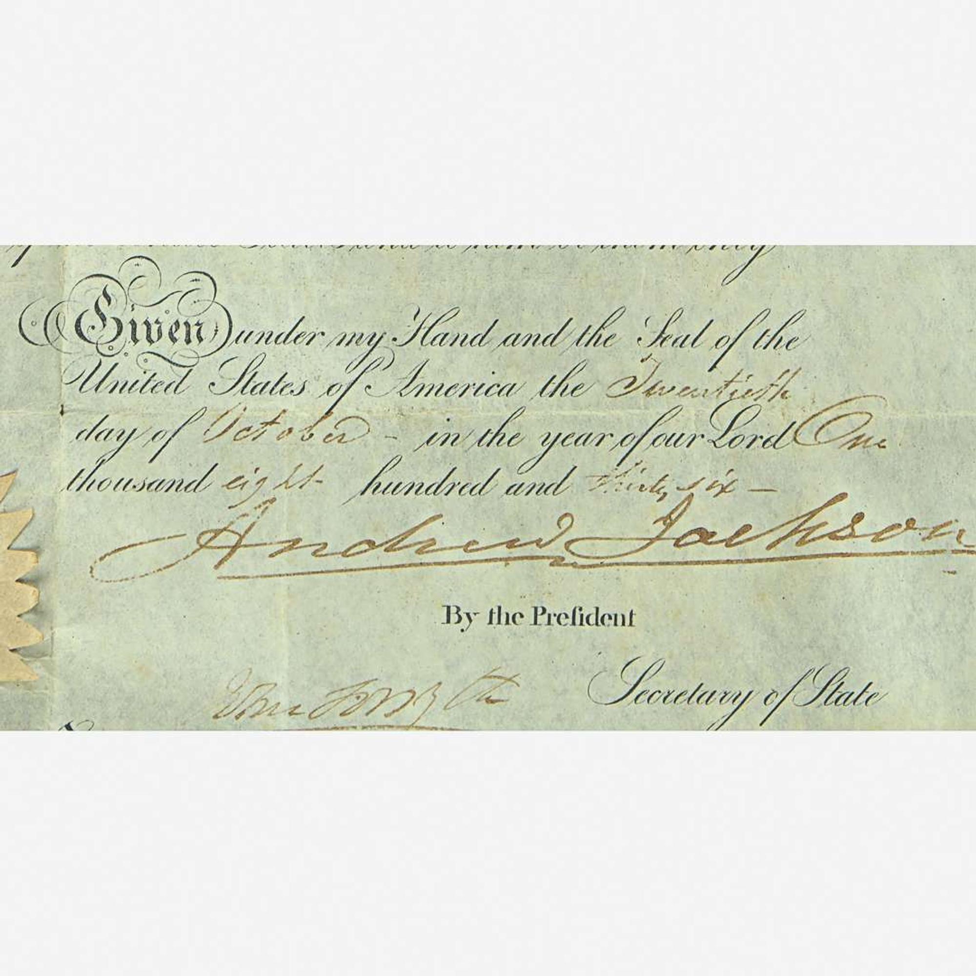 Chinese School 19th century Portrait of the Ship "Southerner", circa 1835, together with Andrew Jackson Signed Ship's Passport