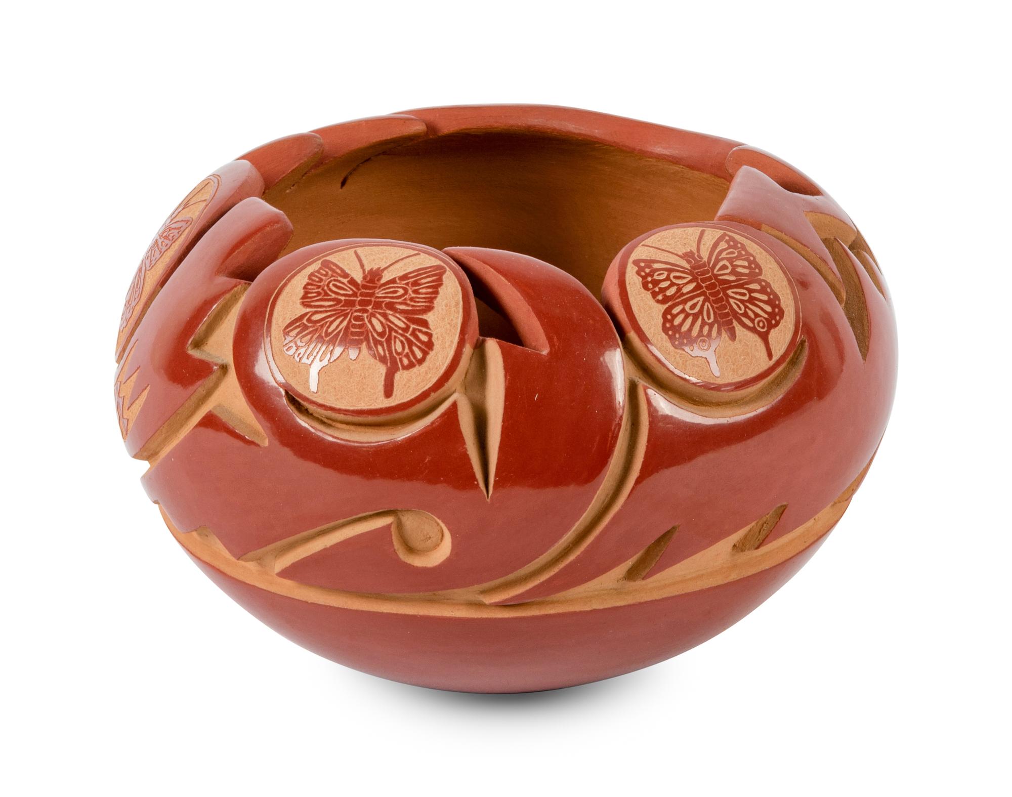 Redware Pottery Bowl with Butterfly Sgraffito Etchings