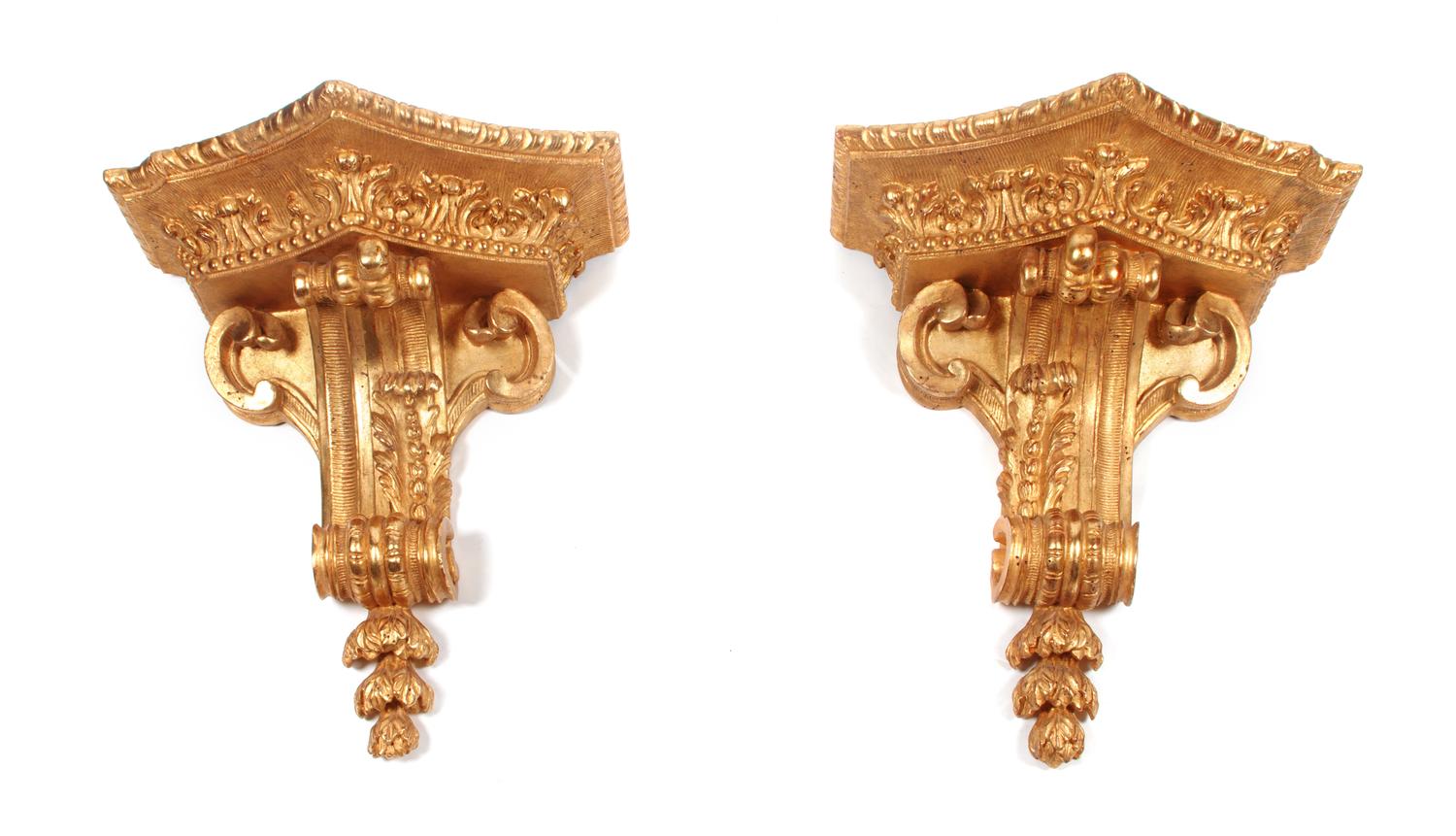 A Pair of French Giltwood Wall Brackets Height 19 x width 17 1/2 x depth 10 inches.