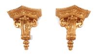 A Pair of French Giltwood Wall Brackets Height 19 x width 17 1/2 x depth 10 inches.
