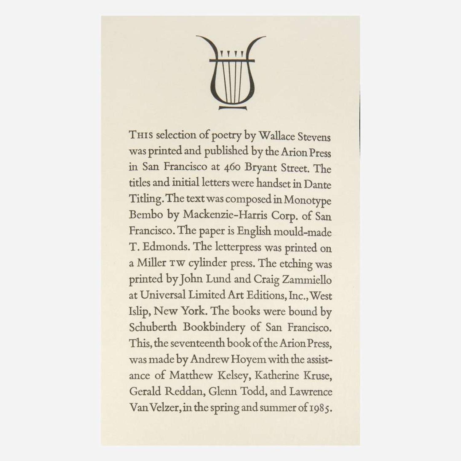 [Private Press] [Arion Press, The] Stevens, Wallace, and Jasper Johns Poems