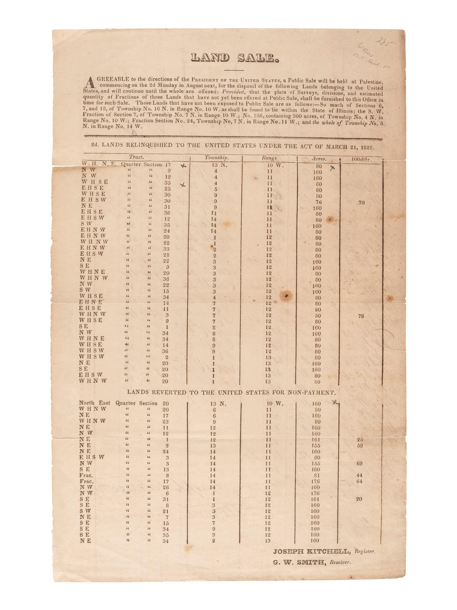 [ILLINOIS]. A group of 5 early Illinois land sale broadsides, comprising: