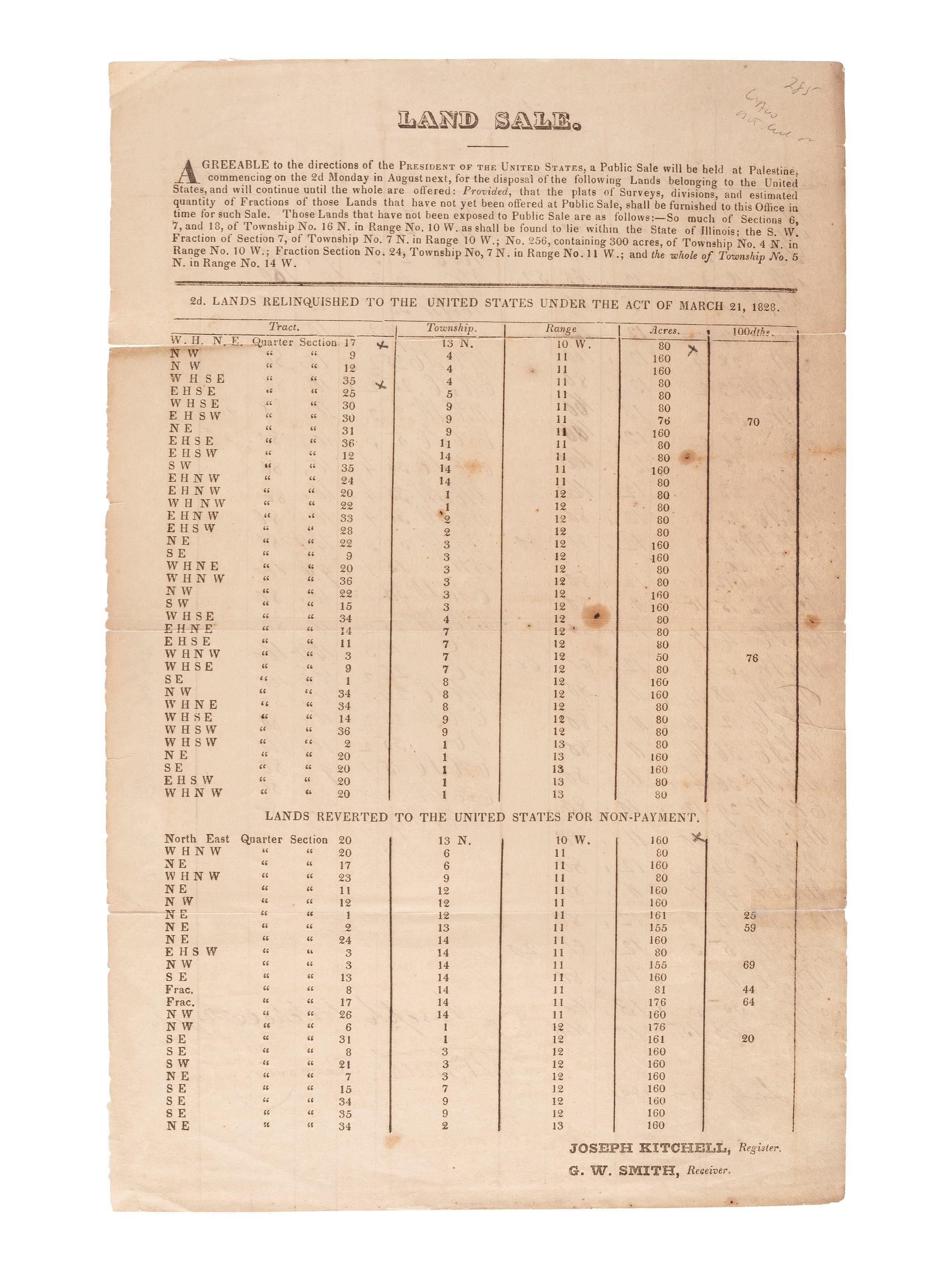 [ILLINOIS]. A group of 5 early Illinois land sale broadsides, comprising: