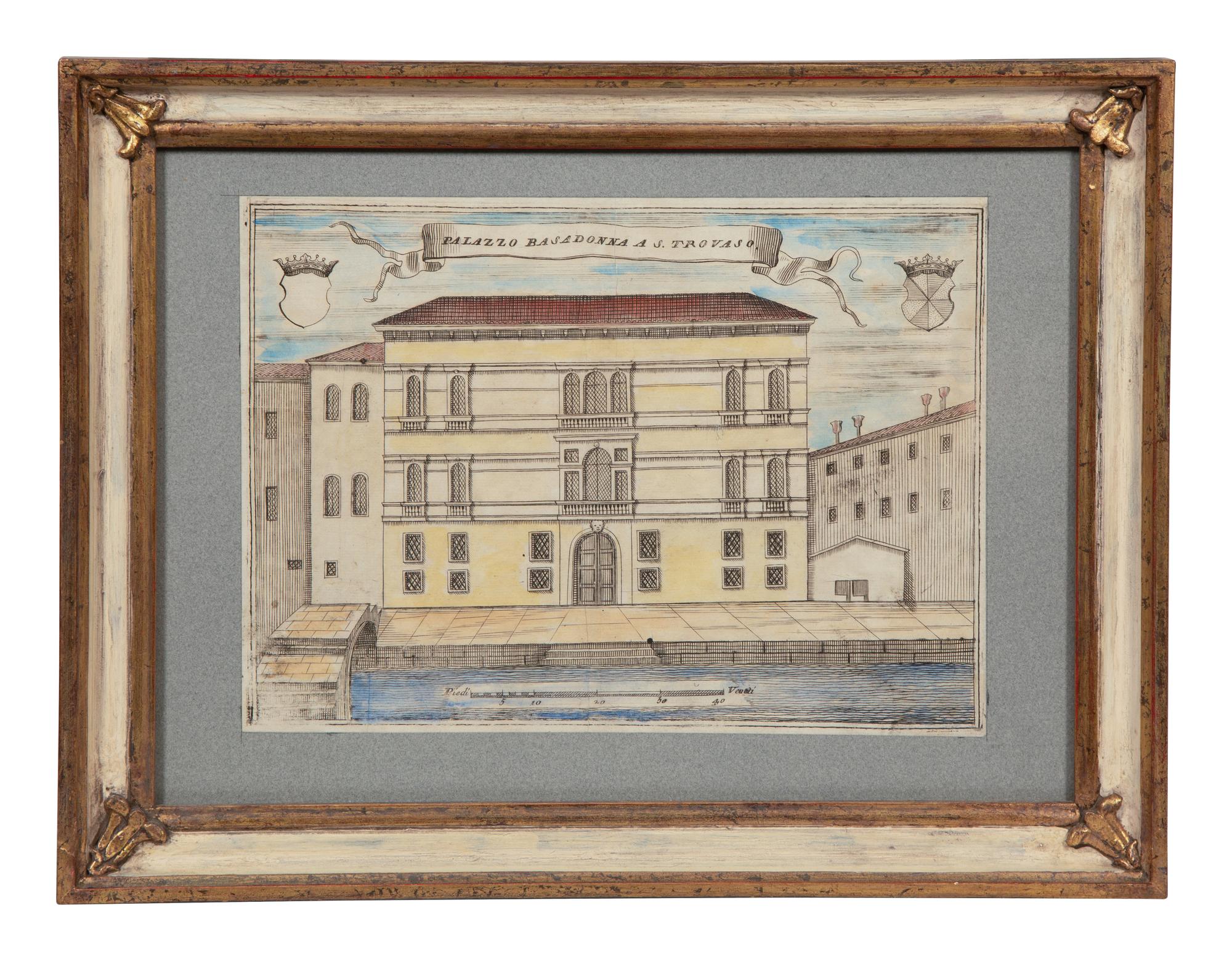 A Set of Nine Italian Hand-Colored Engravings Depicting Venetian Palaces