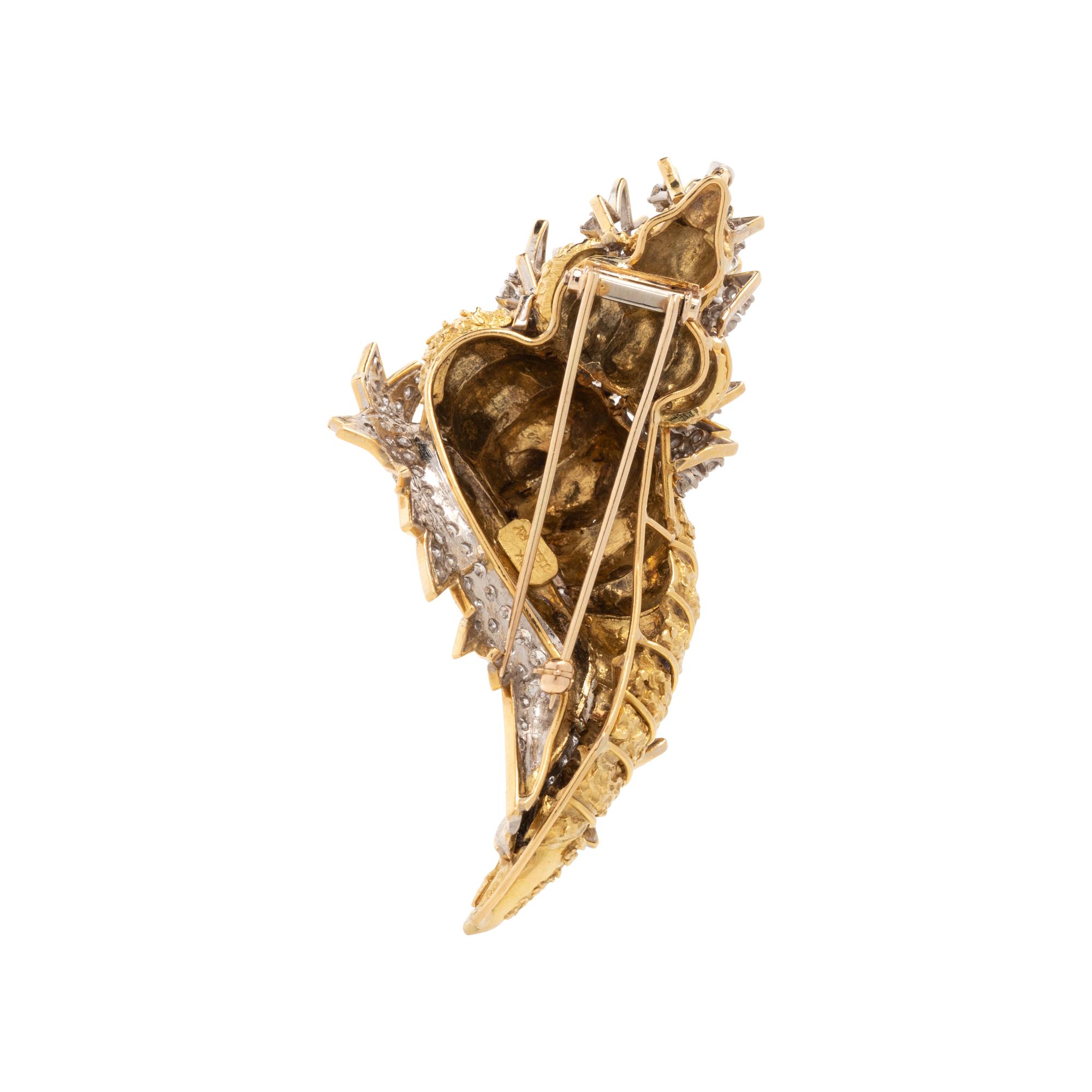 BICOLOR GOLD AND DIAMOND SHELL BROOCH