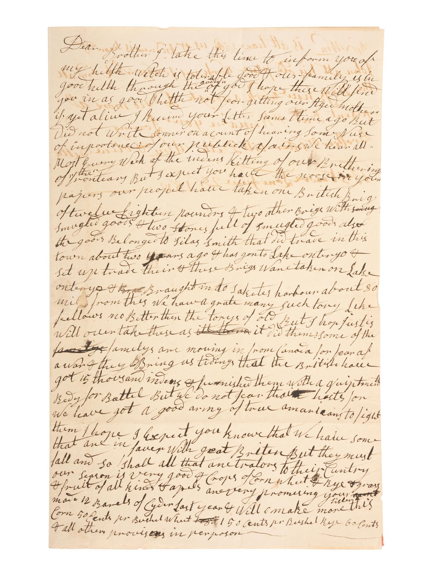 [WAR OF 1812]. Letter relaying news of violence on the frontier, Tory sympathizers, and battlefront reports. "Westmore Land," [Oneida County], [New York]. 28 June 1812.