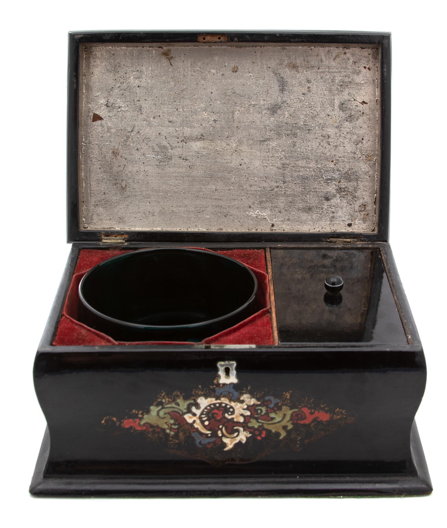 A Victorian Mother-of-Pearl Inlaid Papier-Mache Tea Caddy
