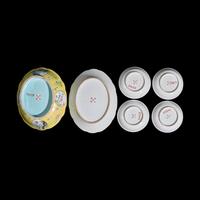 Six Chinese Sgraffito Yellow Ground Famille Rose Porcelain Wares, Late Qing/Republic Period 晚清民國 黃地粉彩軋道錦紋開光花鳥紋瓷器一組六件