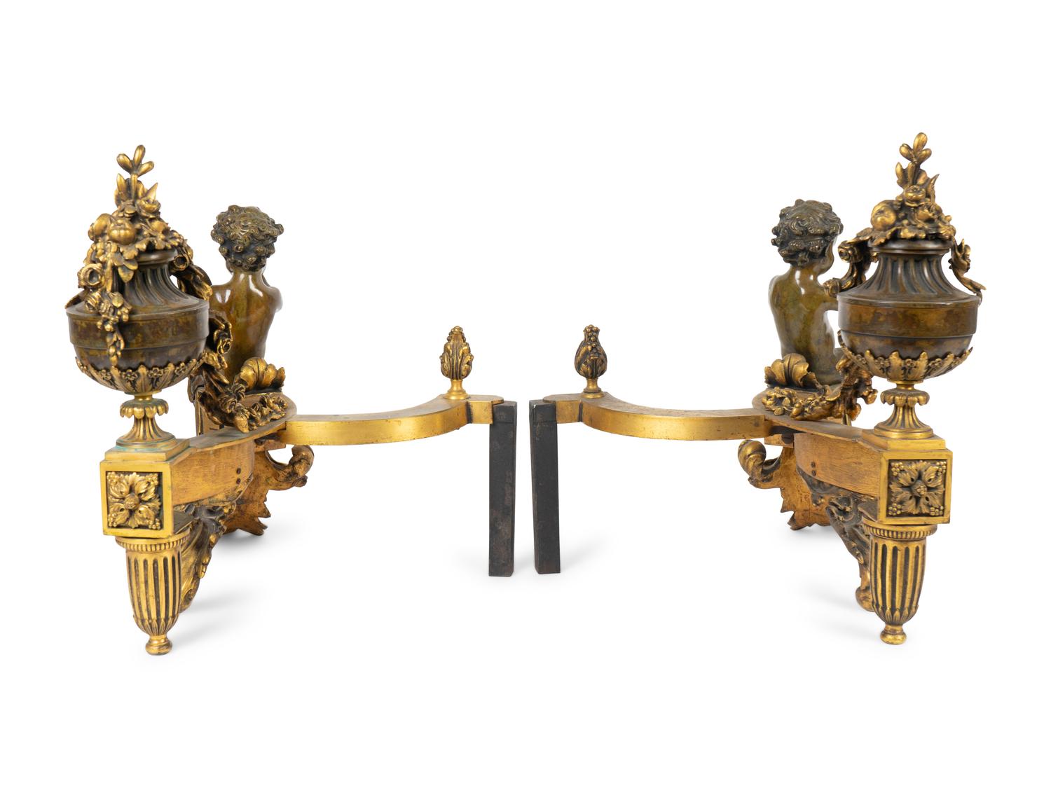 A Pair of Louis XV Style Bronze and Gilt Bronze Chenets — 19TH CENTURY