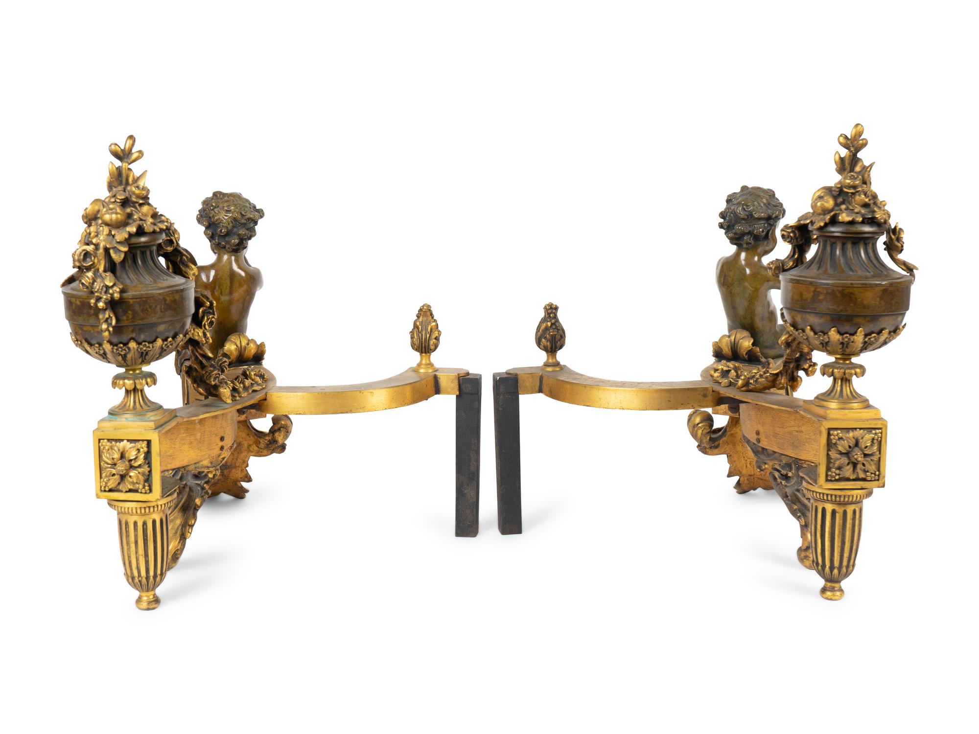 A Pair of Louis XV Style Bronze and Gilt Bronze Chenets — 19TH CENTURY