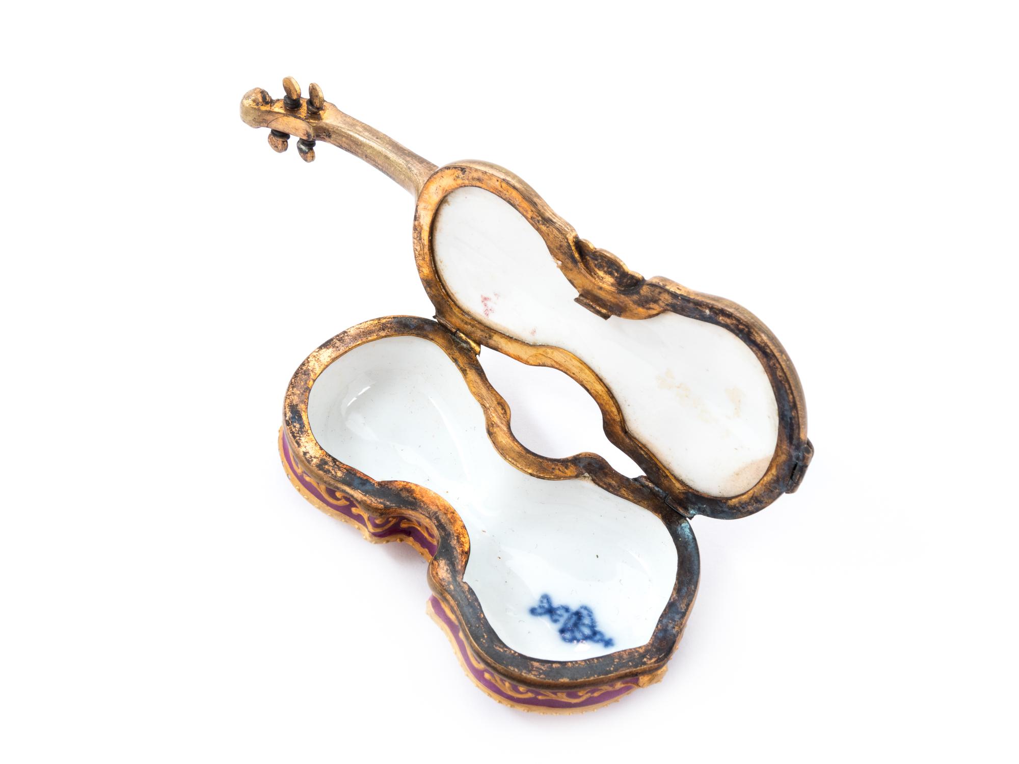 A French Gilt Metal Mounted and Enamel Decorated Violin-Form Box
