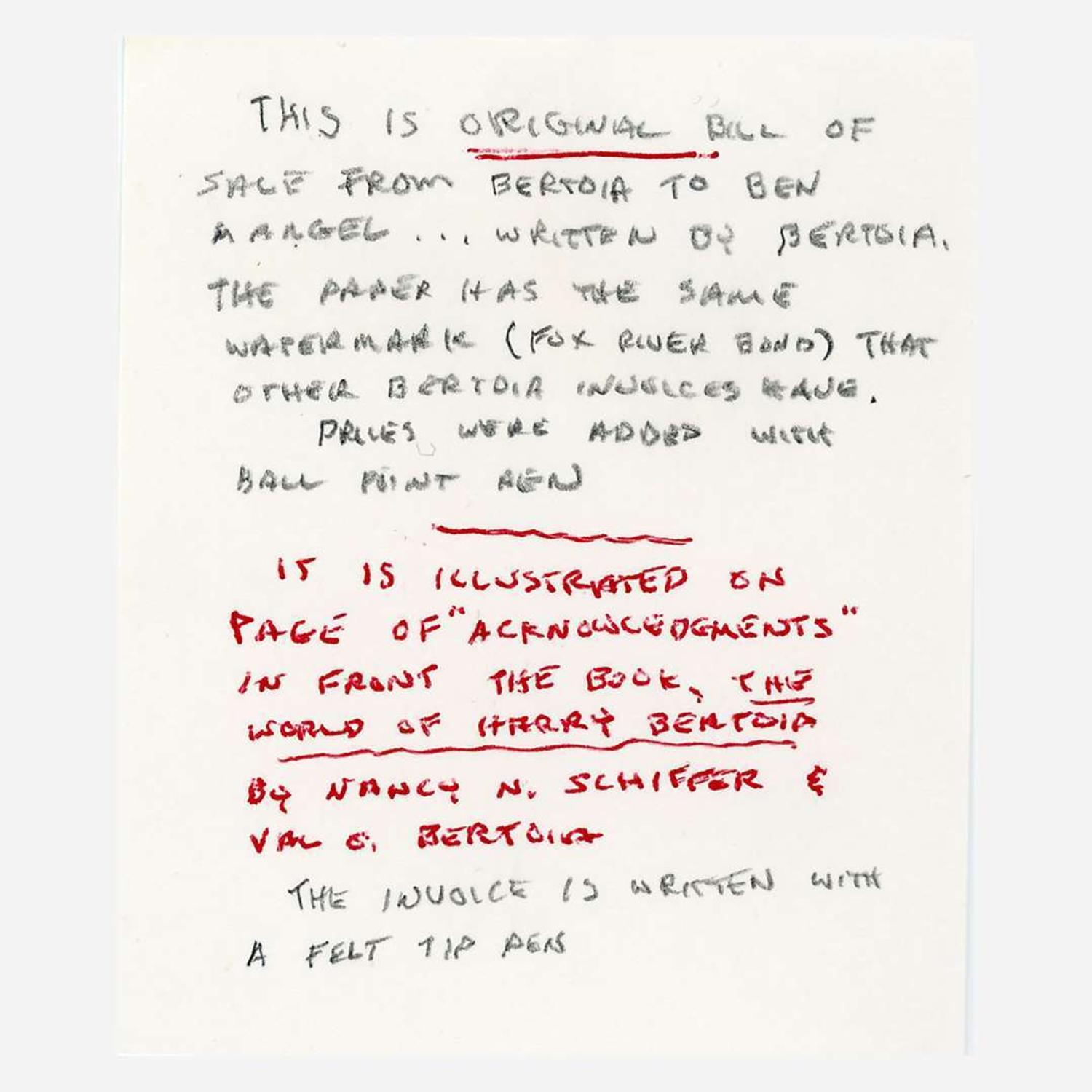 Harry Bertoia (American, 1915-1978) Untitled Drawing (Original Bill of Sale from Bertoia to Ben Mangel)