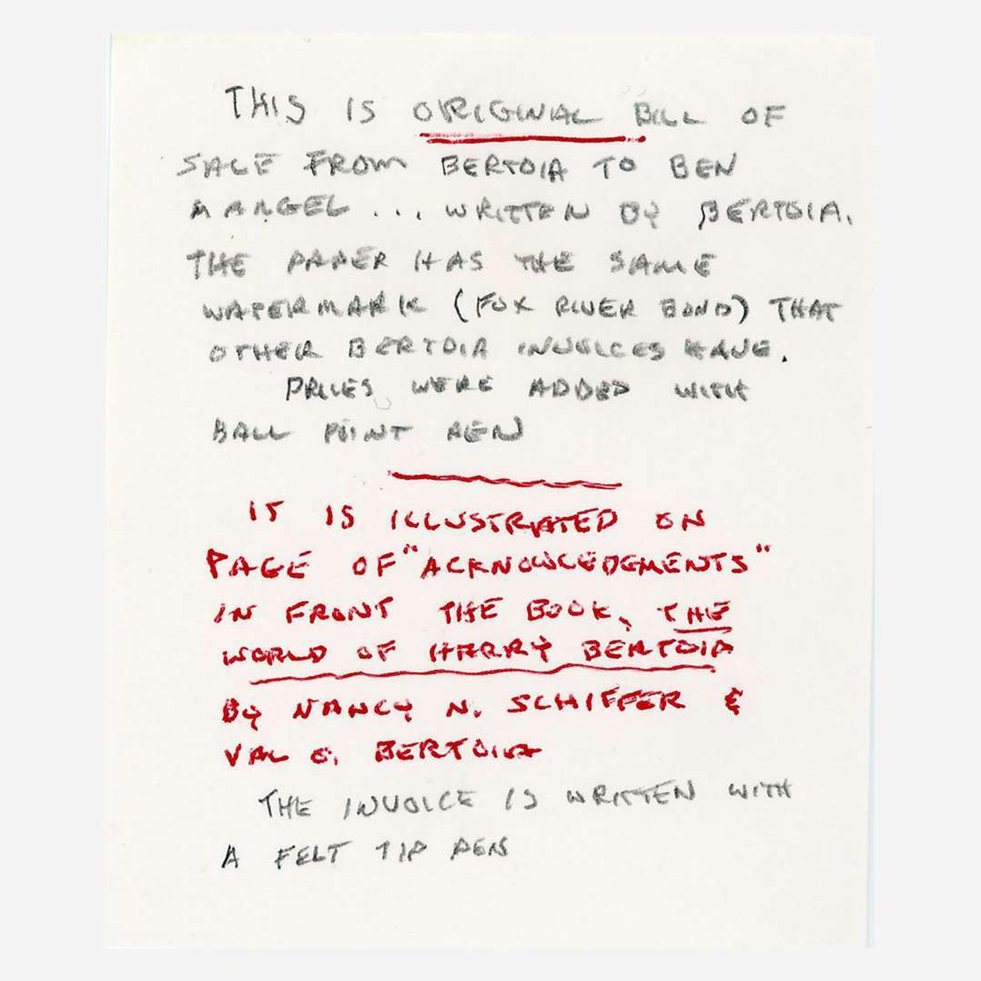 Harry Bertoia (American, 1915-1978) Untitled Drawing (Original Bill of Sale from Bertoia to Ben Mangel)