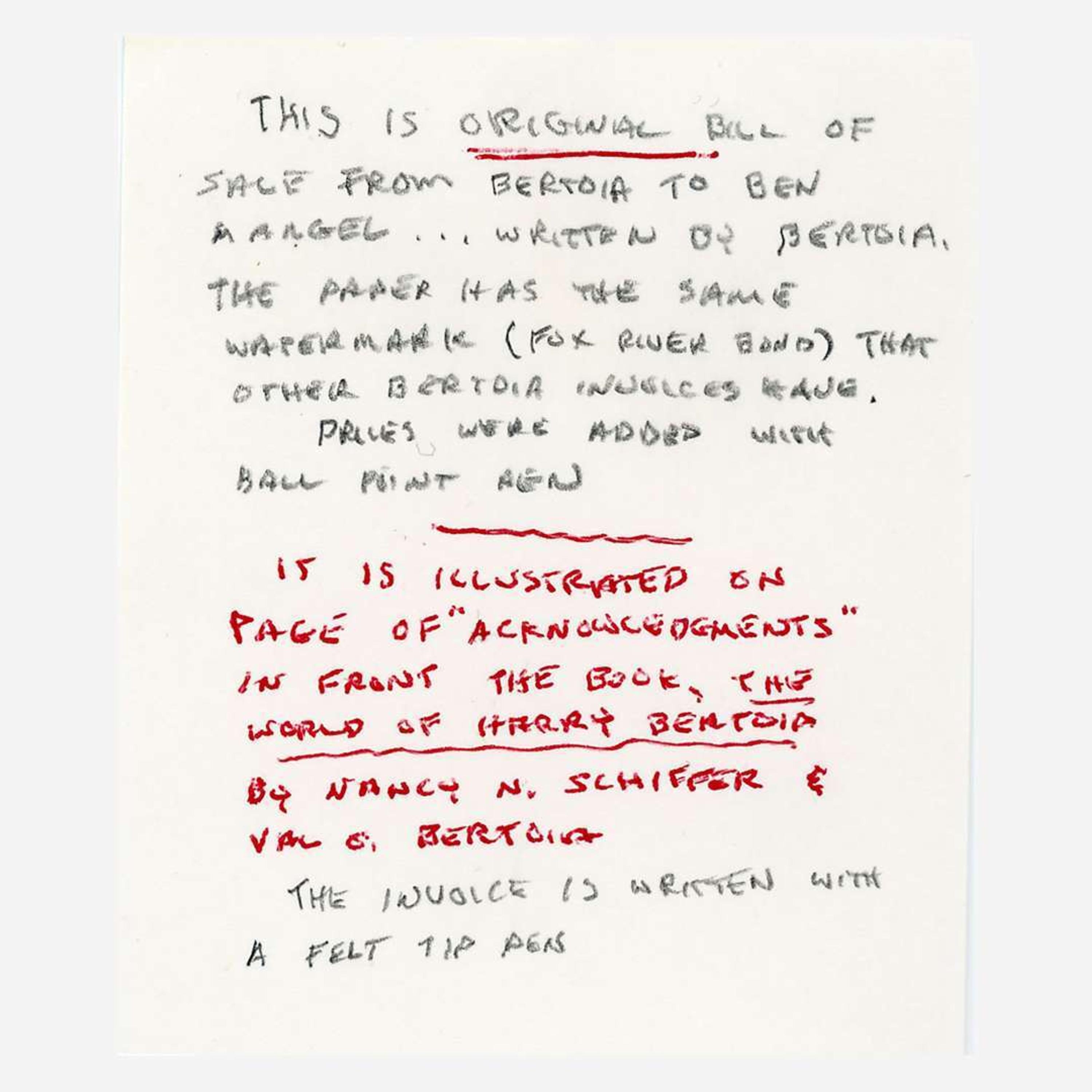 Harry Bertoia (American, 1915-1978) Untitled Drawing (Original Bill of Sale from Bertoia to Ben Mangel)