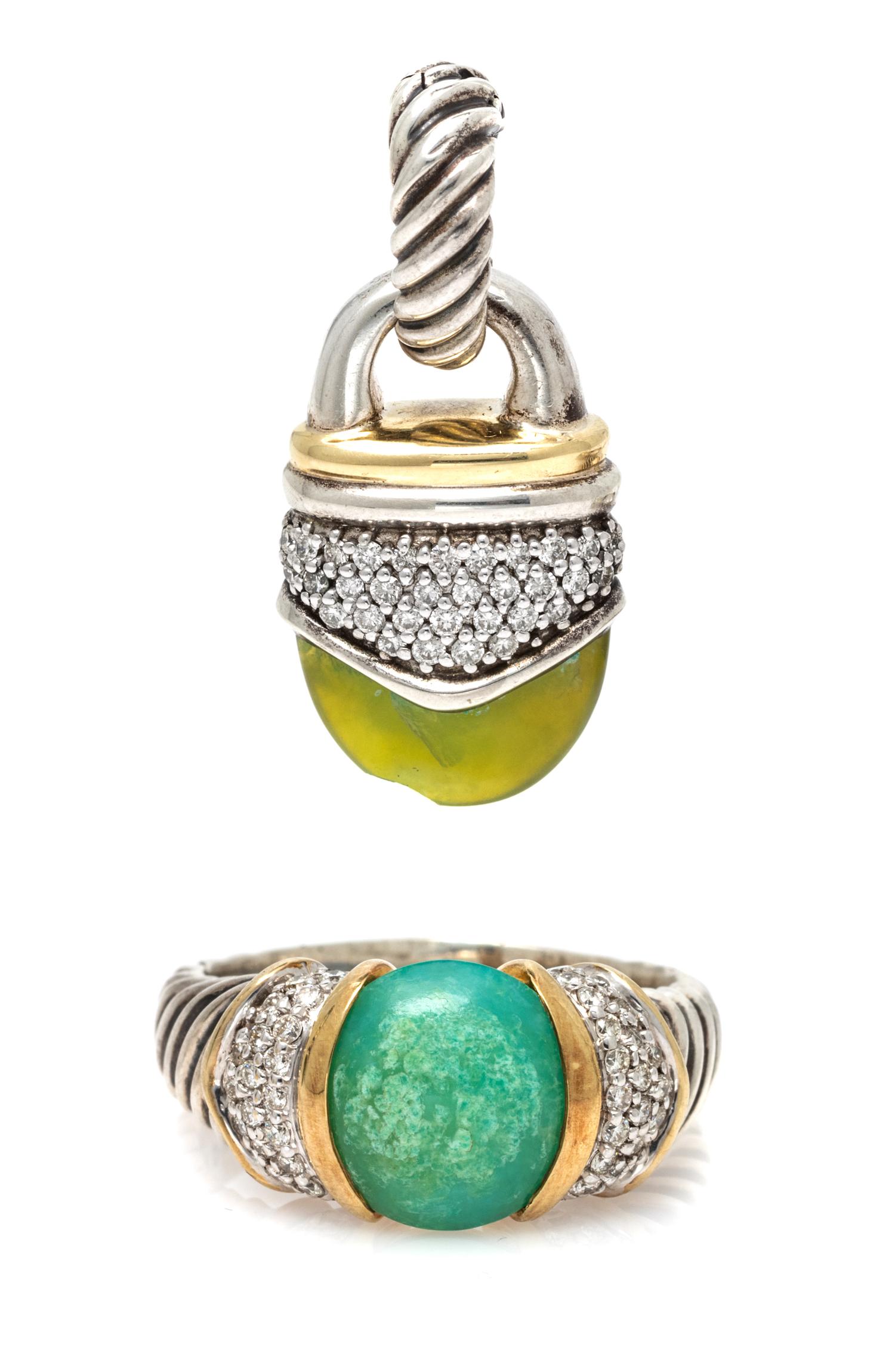 A Sterling Silver, 18 Karat Yellow Gold, Peruvian Opal and Diamond 'Capri' Demi-Parure, David Yurman, 13.20 dwts.