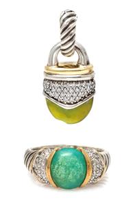 A Sterling Silver, 18 Karat Yellow Gold, Peruvian Opal and Diamond 'Capri' Demi-Parure, David Yurman, 13.20 dwts.