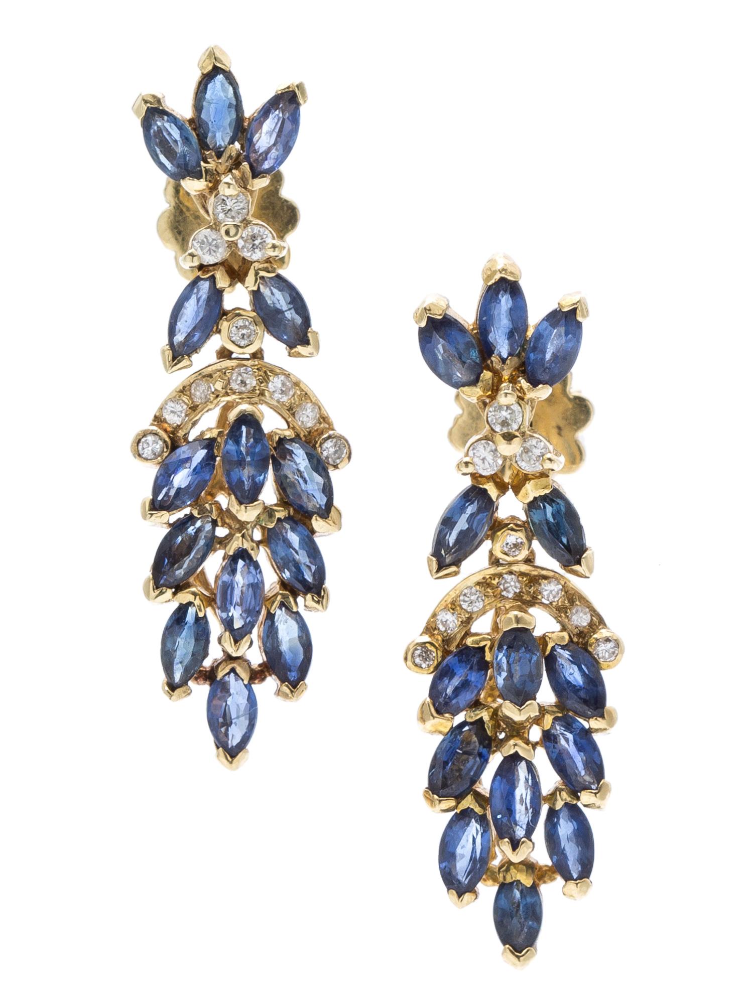 A Pair of Yellow Gold, Sapphire and Diamond Earrings, 3.80 dwts.