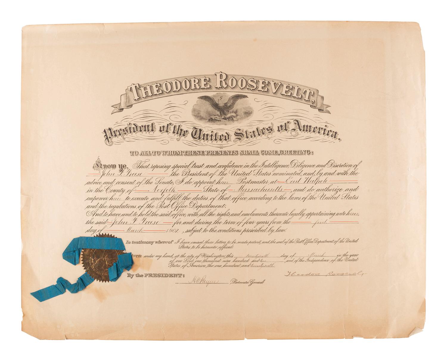 [POLITICS]. A group of presidential postmaster appointments signed by Grover CLEVELAND, William McKINLEY, and Theodore ROOSEVELT.