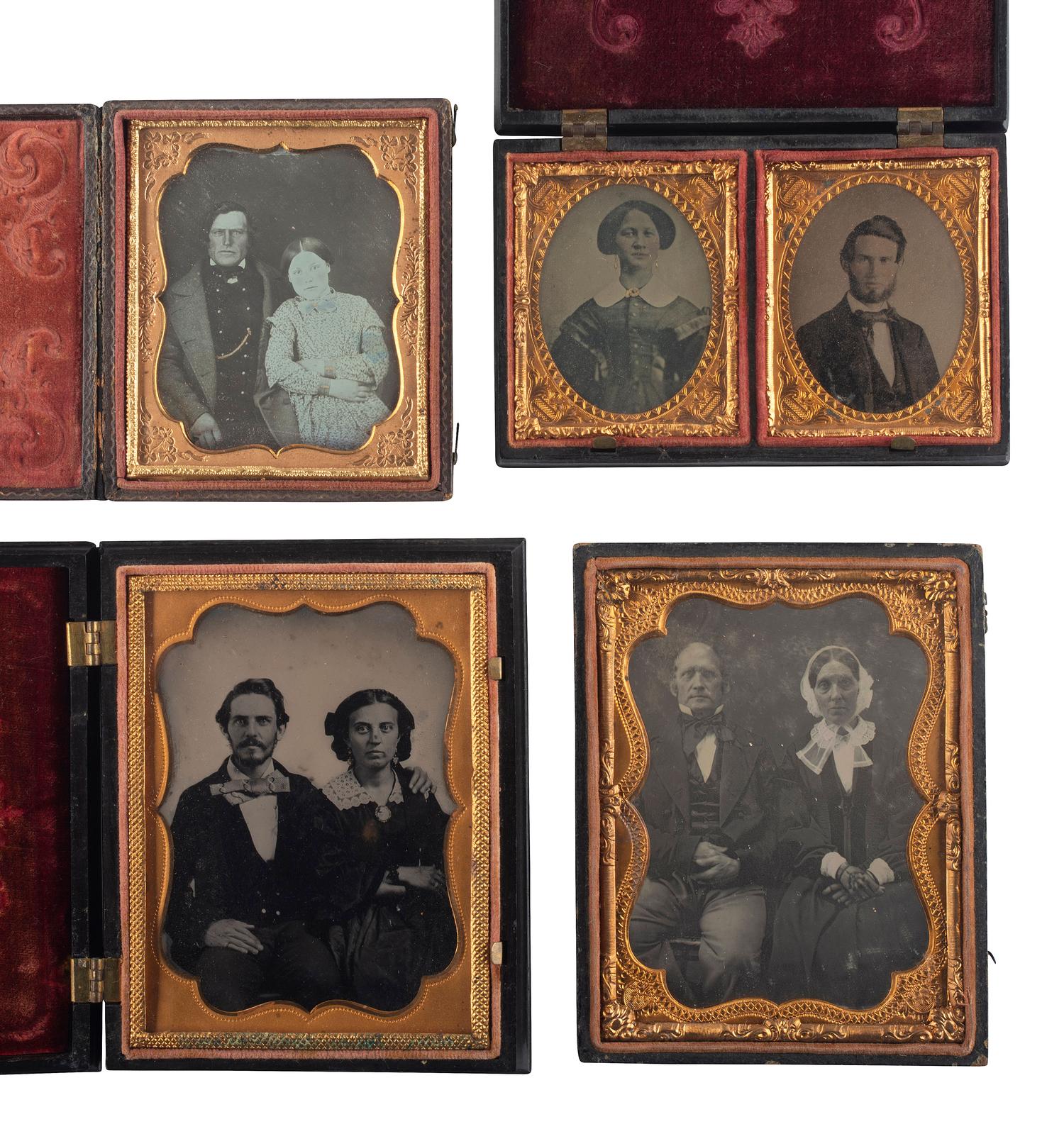 [EARLY PHOTOGRAPHY]. A group of 12 daguerreotypes, ambrotypes, and tintypes of couples housed in 8 cases, including some Union cases.