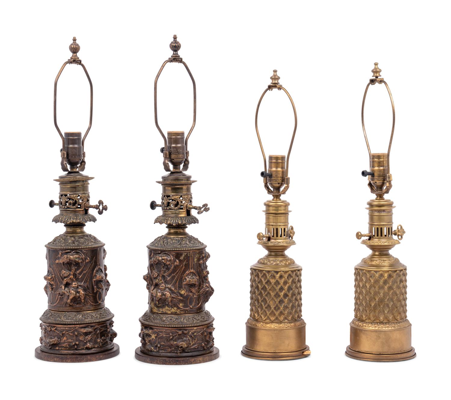 Two Pairs of French Gilt Metal Fluid Lamps Converted to Electricity