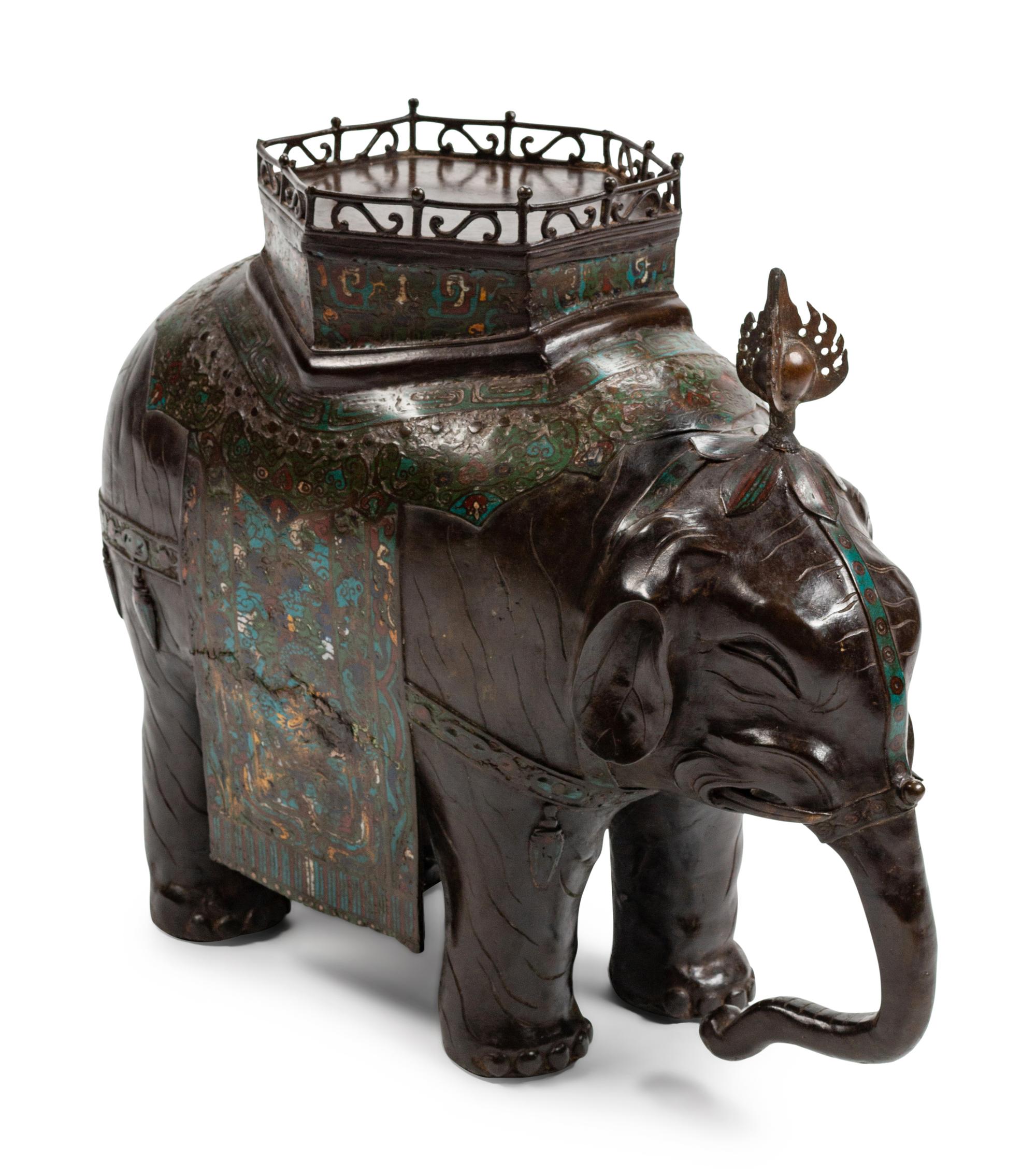 A Japanese Patinated Bronze and Champlevé Enamel Figure of an Elephant — EARLY 20TH CENTURY