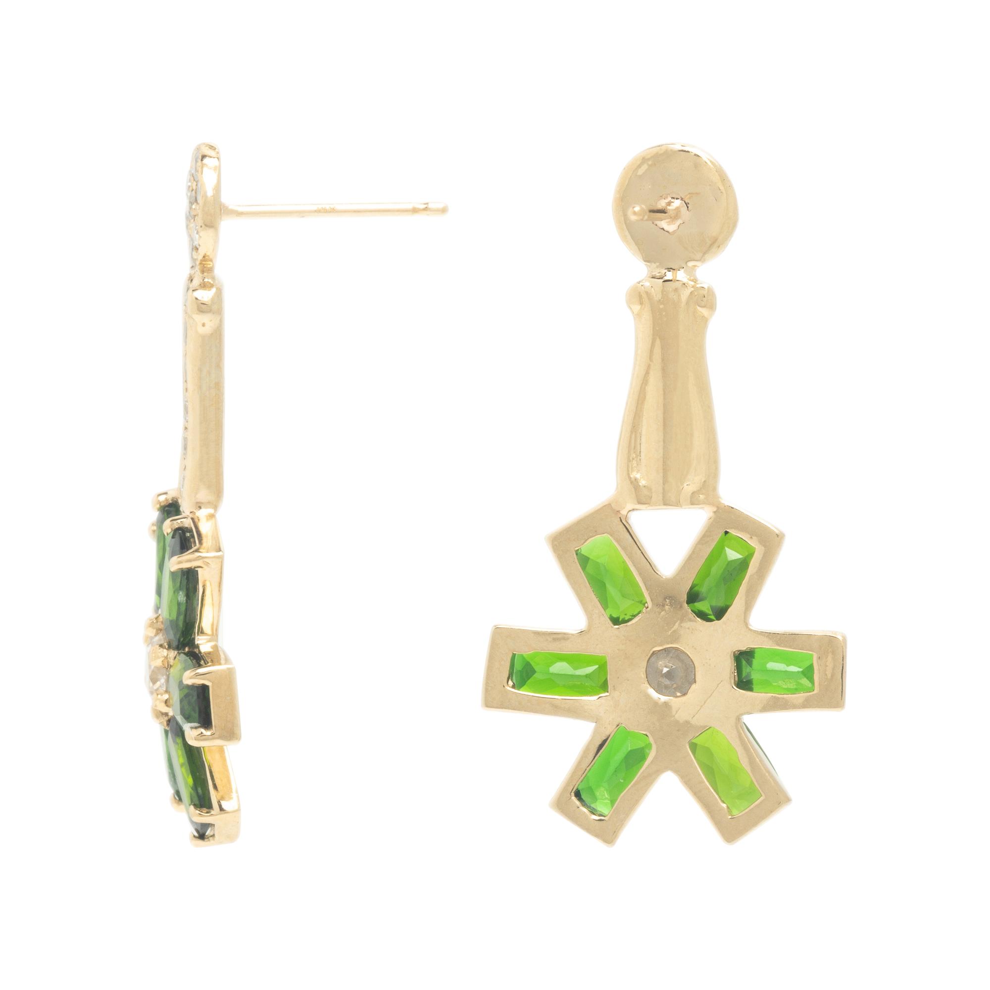 Chrome Diopside, Diamond, and Yellow Gold Flower Earrings and Pendant
