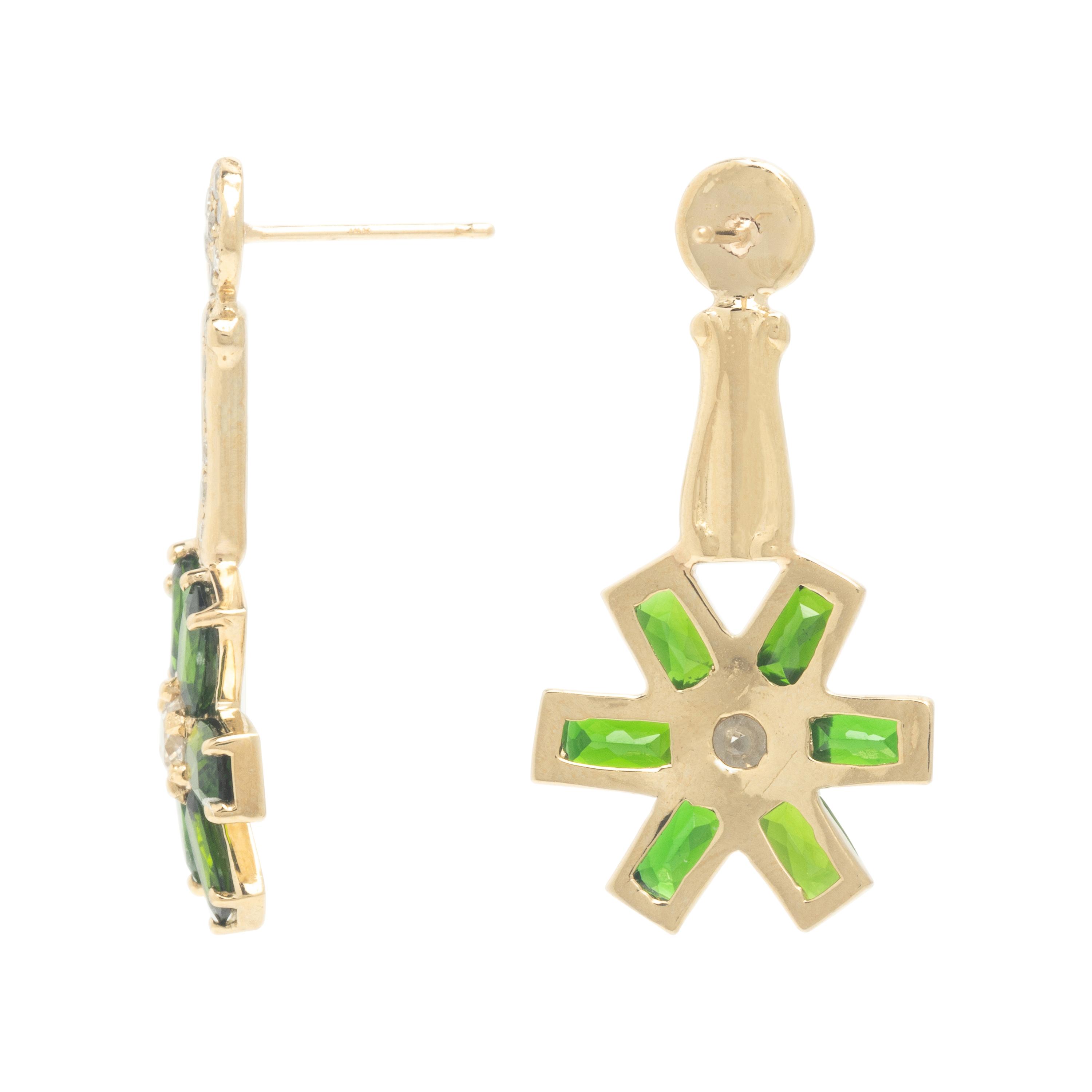 Chrome Diopside, Diamond, and Yellow Gold Flower Earrings and Pendant