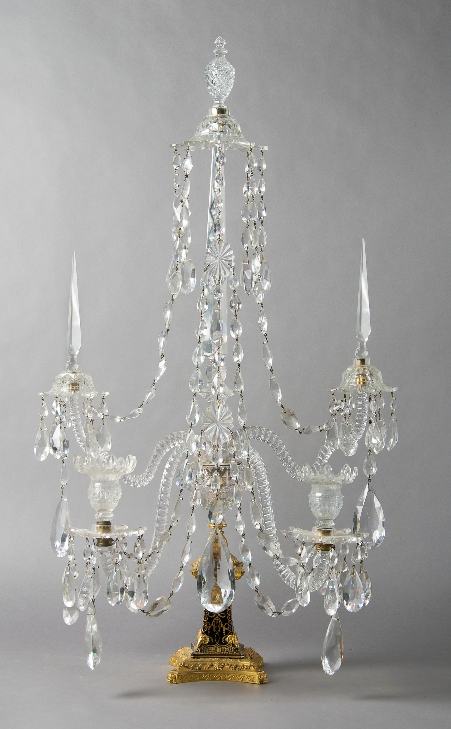 An English Two-Light Crystal and Cobalt Glass Candelabra, attributed to Parker and Perry, Height 33 inches.