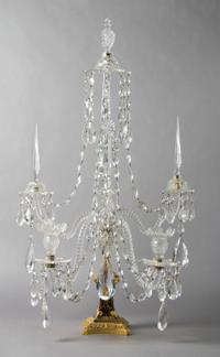 An English Two-Light Crystal and Cobalt Glass Candelabra, attributed to Parker and Perry, Height 33 inches.