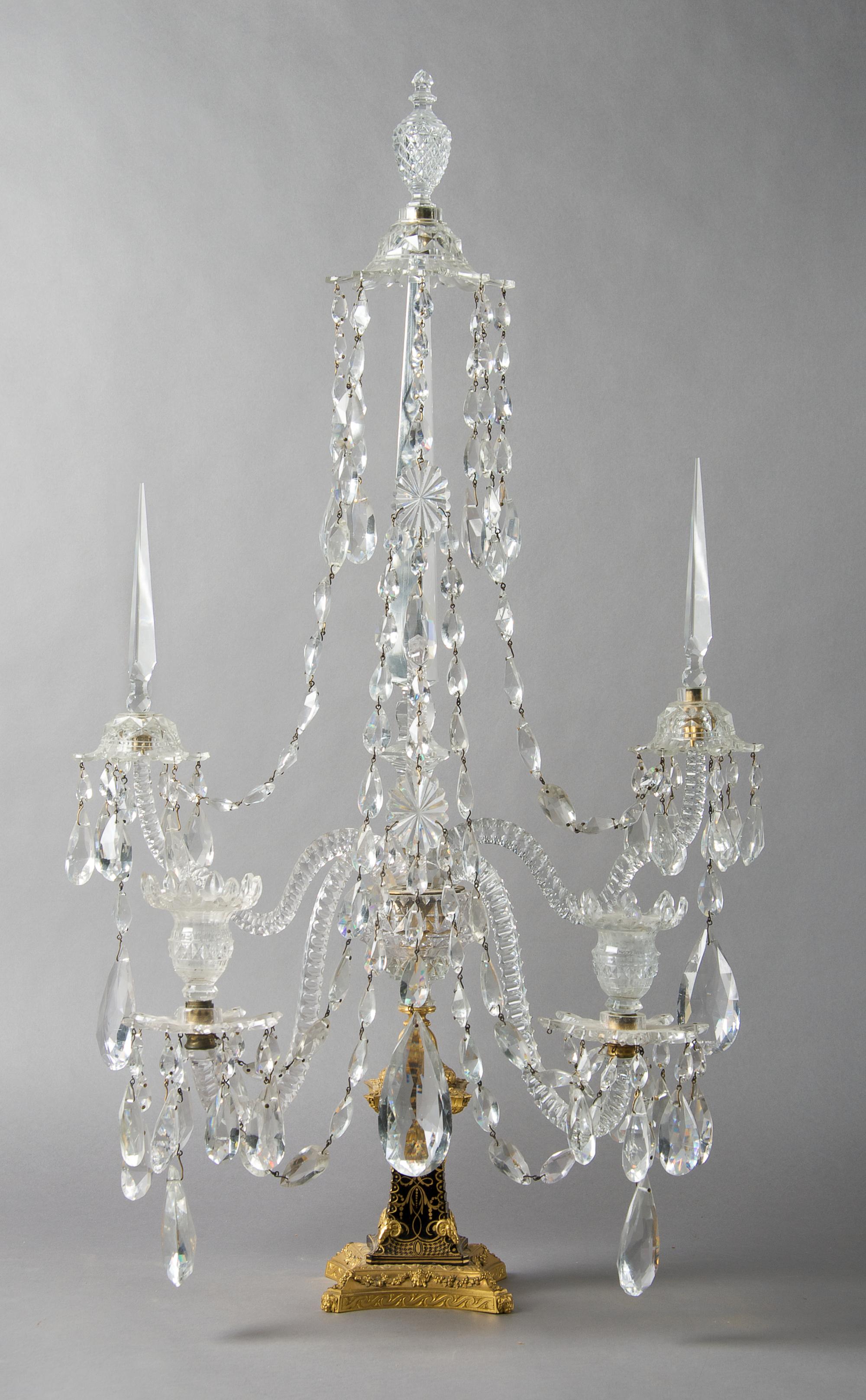 An English Two-Light Crystal and Cobalt Glass Candelabra, attributed to Parker and Perry, Height 33 inches.