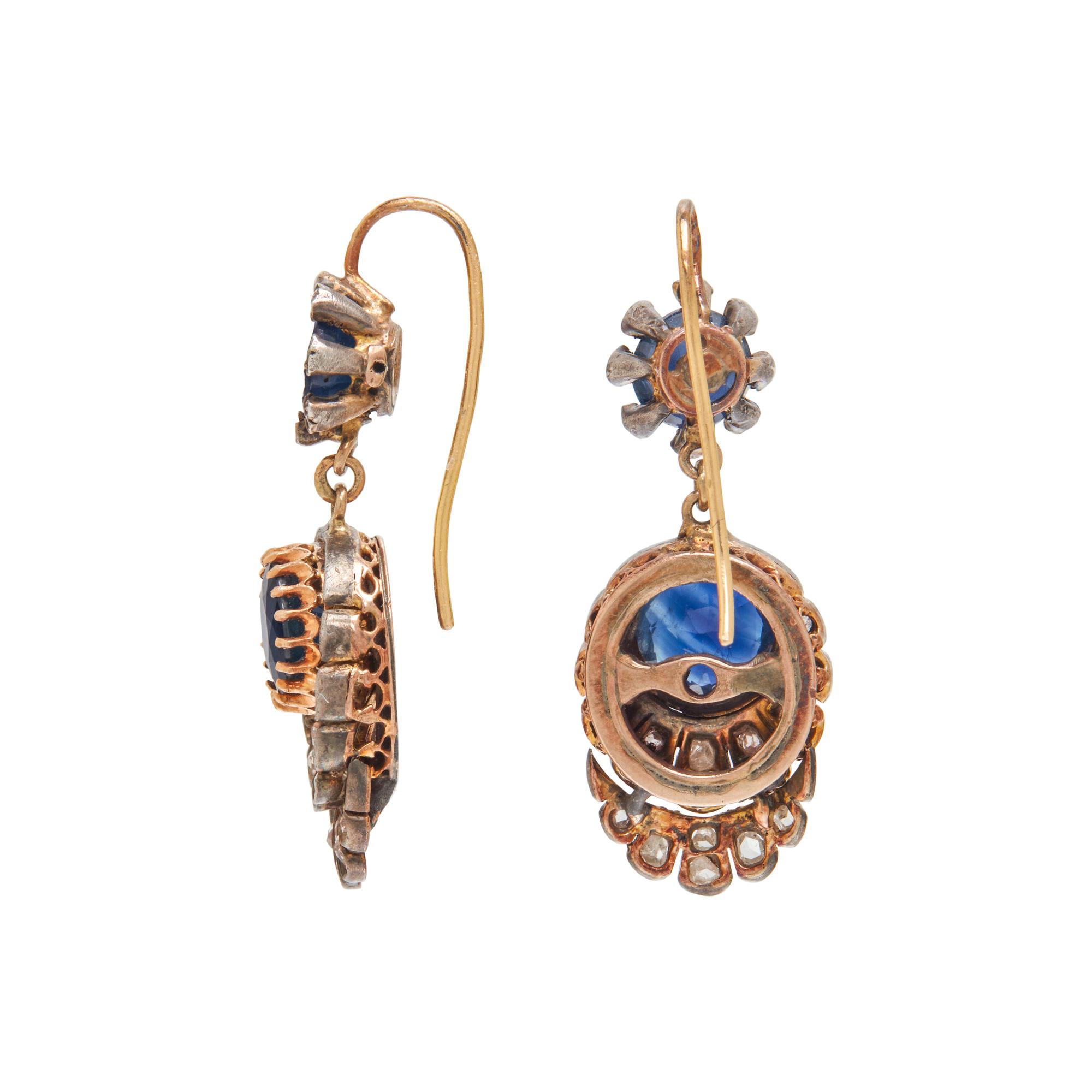 ANTIQUE, SILVER-TOPPED GOLD, DIAMOND, AND SAPPHIRE EARRINGS