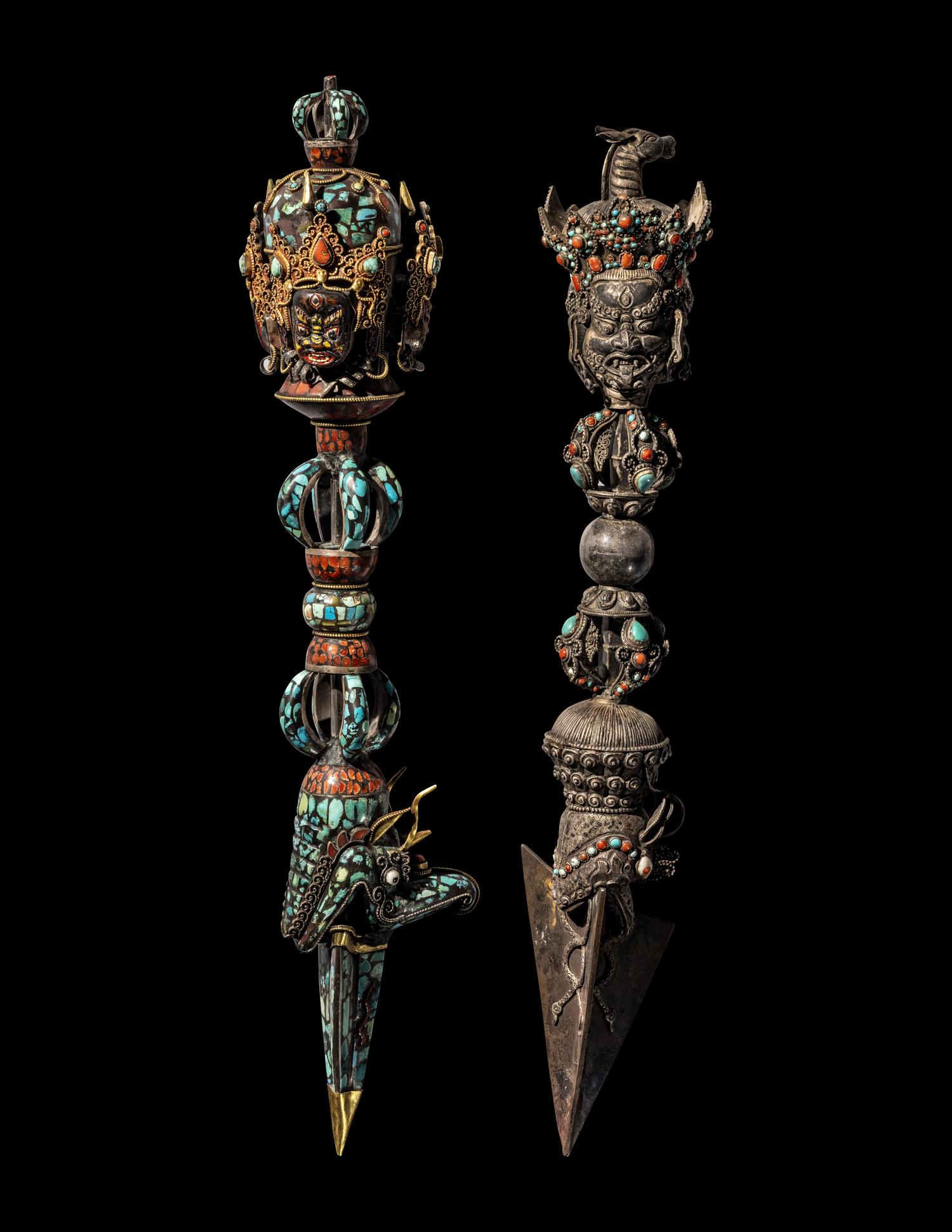 Two Tibetan Hardstone Inset Bronze Phurbas