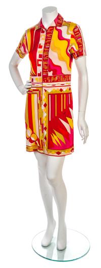 An Emilio Pucci Red and Yellow Print Silk Knit Jersey Shirt Dress, Size 6.
