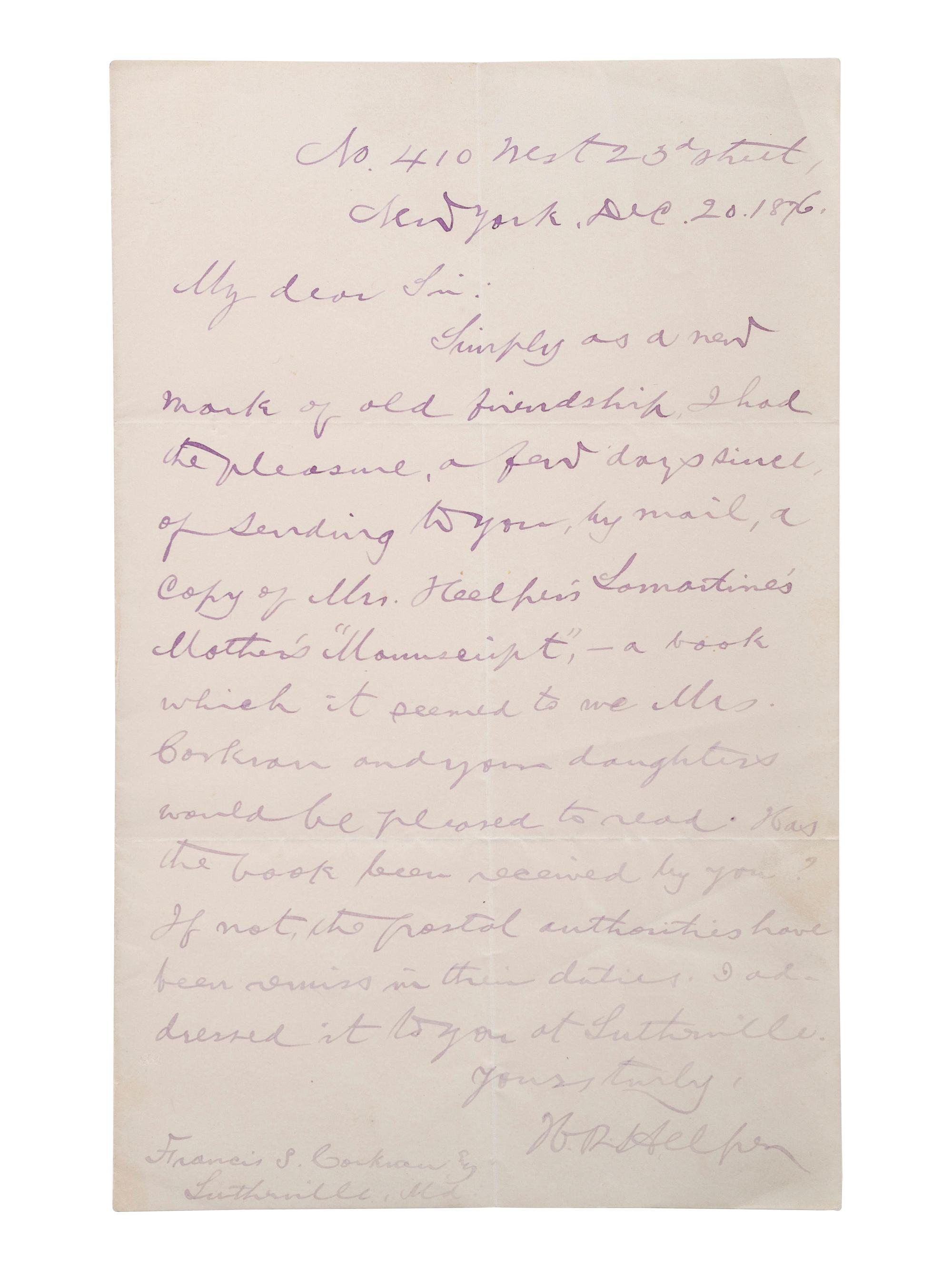 [SLAVERY & ABOLITION] -- [COCKRAN, Francis S. (1814-1886)]. Archive of letters to Maryland abolitionist and Underground Railroad supporter, comprising: