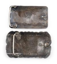 Navajo Silver Belt Buckles, with Coral and Turquoise Chip Inlay Designs