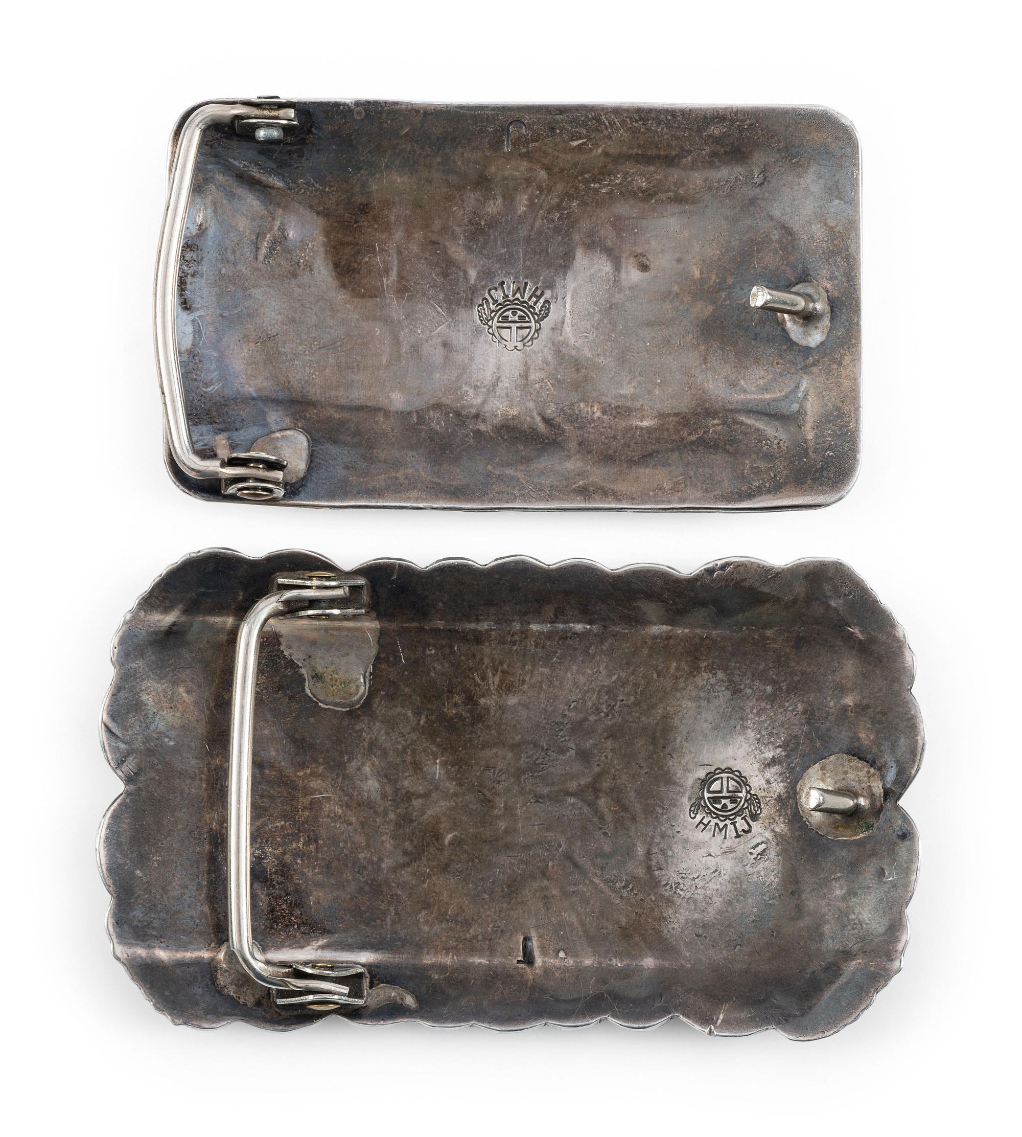 Navajo Silver Belt Buckles, with Coral and Turquoise Chip Inlay Designs