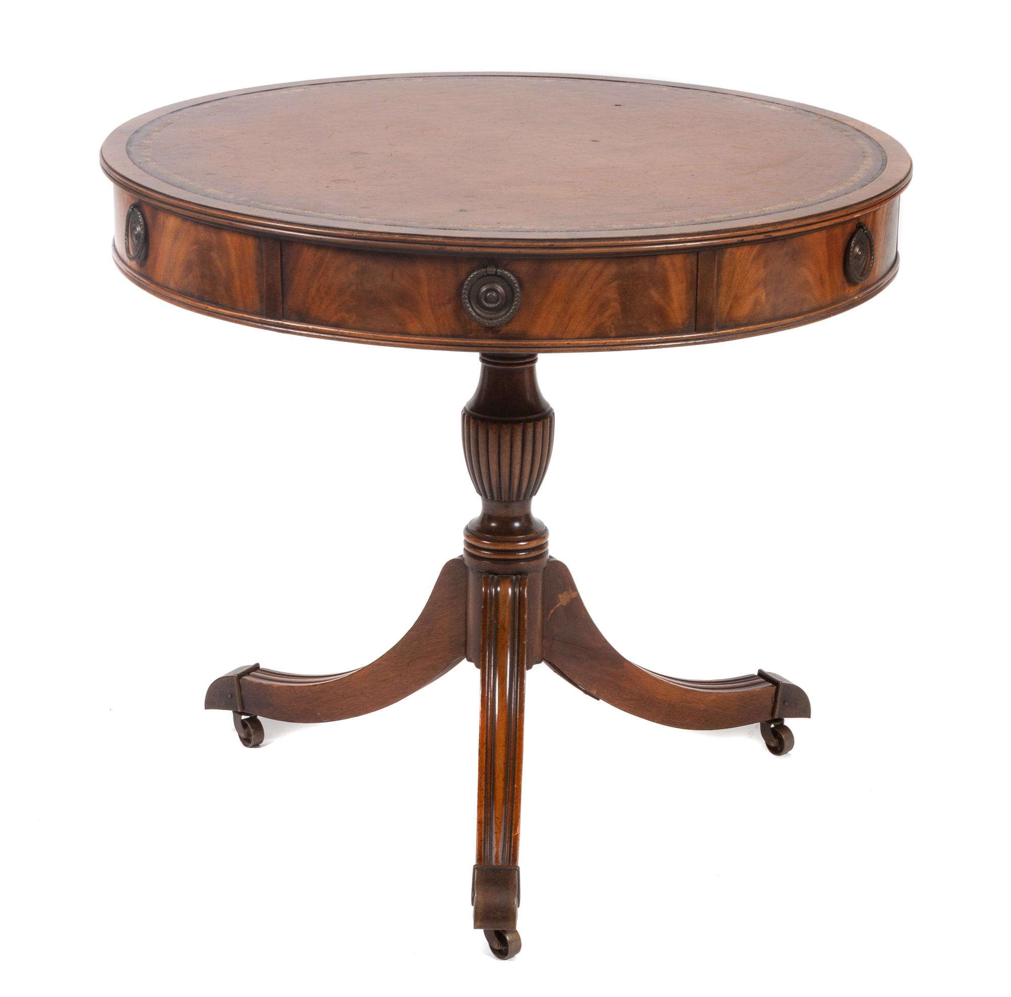 A Regency Style Mahogany Drum Table Height 26 3/4 x diameter 30 inches. — FIRST HALF 20TH CENTURY