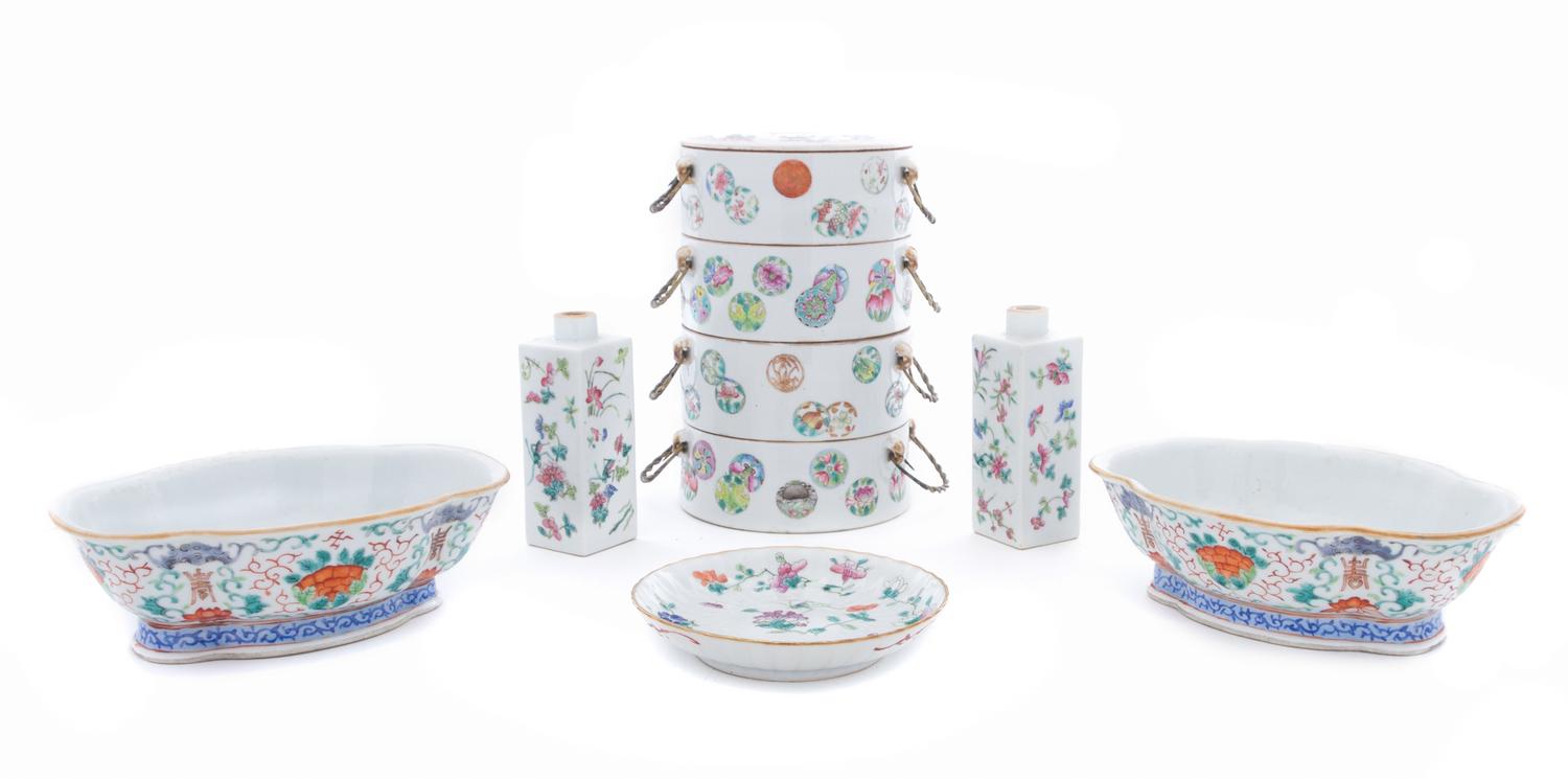 A Group of Five Famille Rose Porcelain Articles LIKELY 19TH CENTURY Height of tallest 8 1/2 inches. — LIKELY 19TH CENTURY