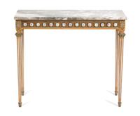 A Louis XVI Style Carved and Painted Marble Top Console Table Height 31 x width 36 1/4 x depth 13 7/8 inches. — LATE 19TH CENTURY