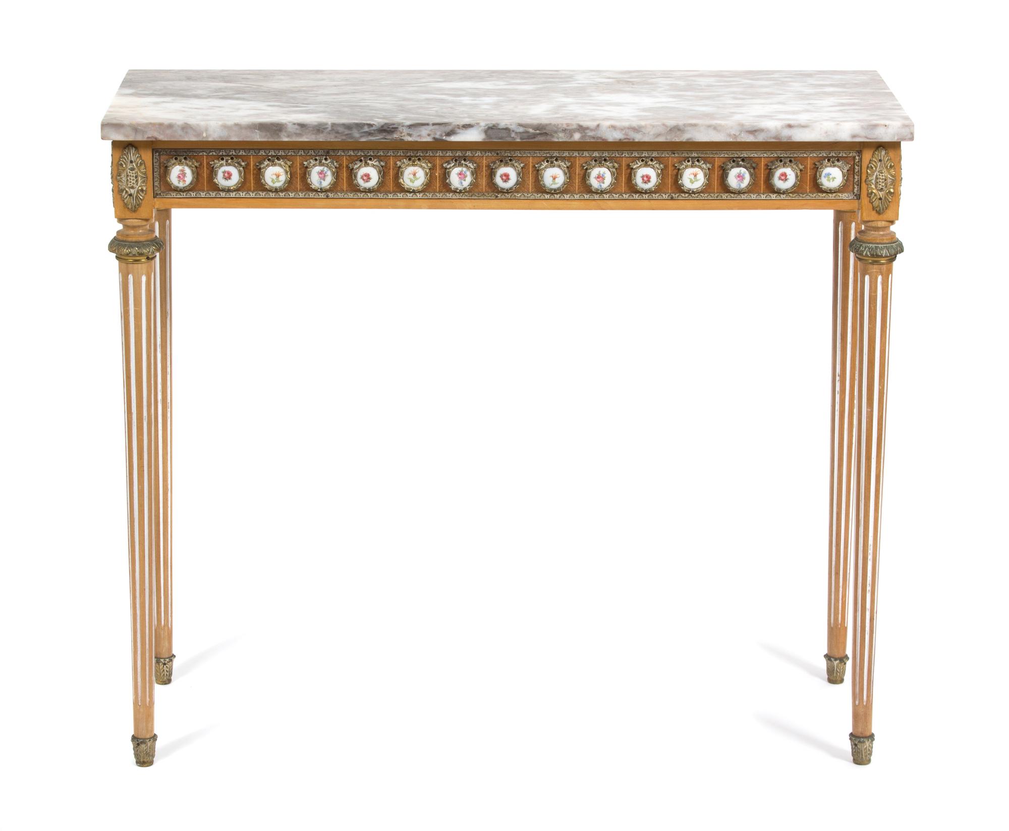 A Louis XVI Style Carved and Painted Marble Top Console Table Height 31 x width 36 1/4 x depth 13 7/8 inches. — LATE 19TH CENTURY