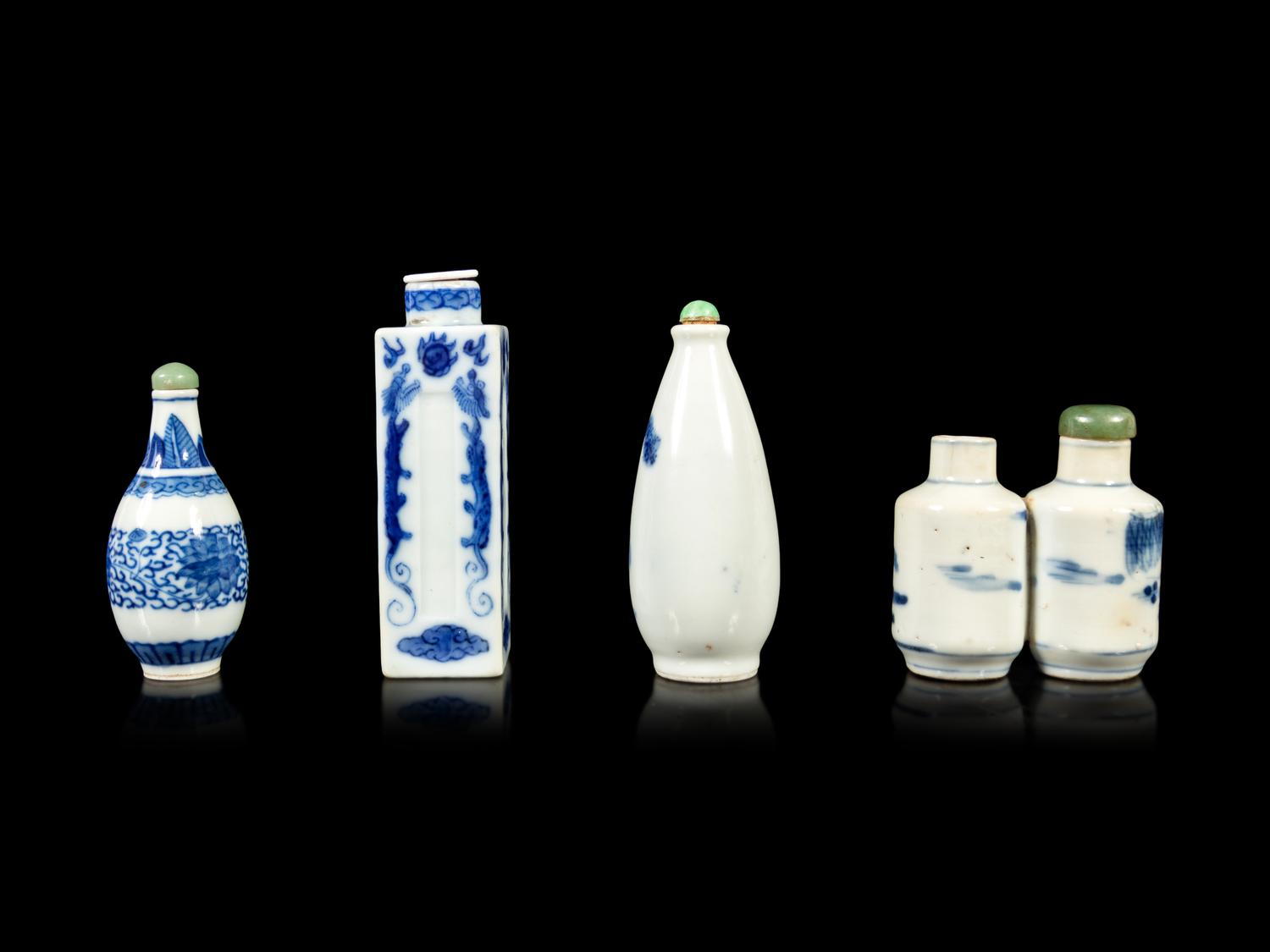 Four Chinese Blue and White Porcelain Snuff Bottles