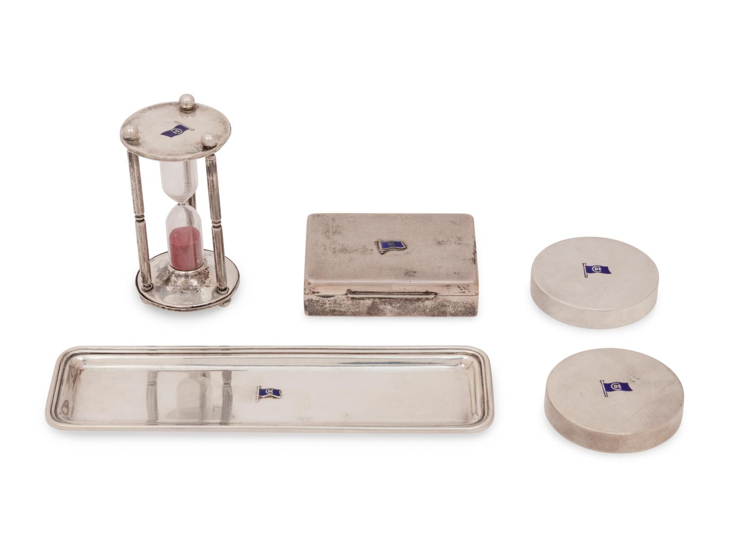 A Group of Five Italian Silver and Enamel Ocean Liner Desk Articles