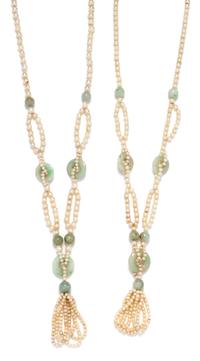 A Pair of Cultured Pearl and Jadeite Jade Tassel Necklaces,