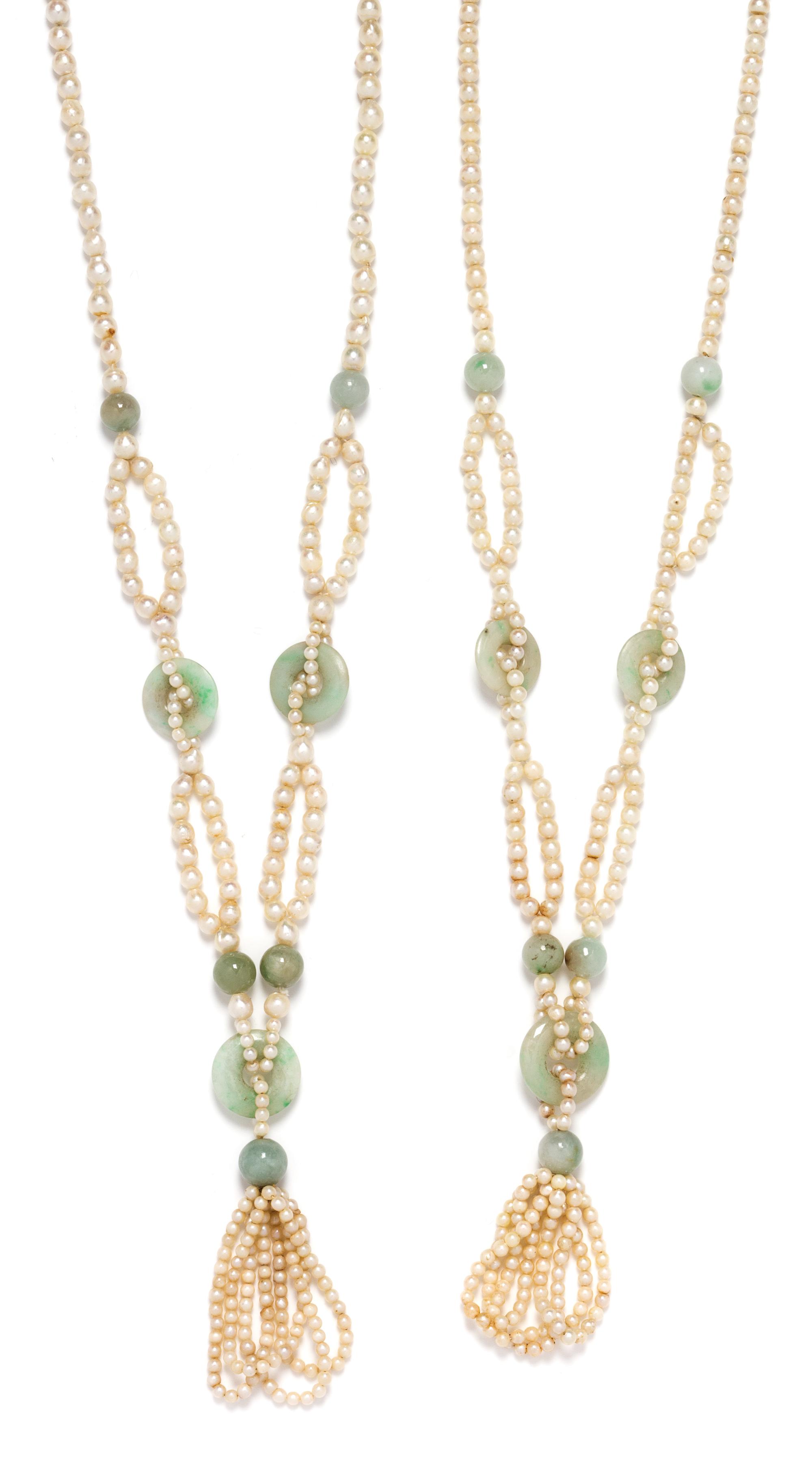A Pair of Cultured Pearl and Jadeite Jade Tassel Necklaces,