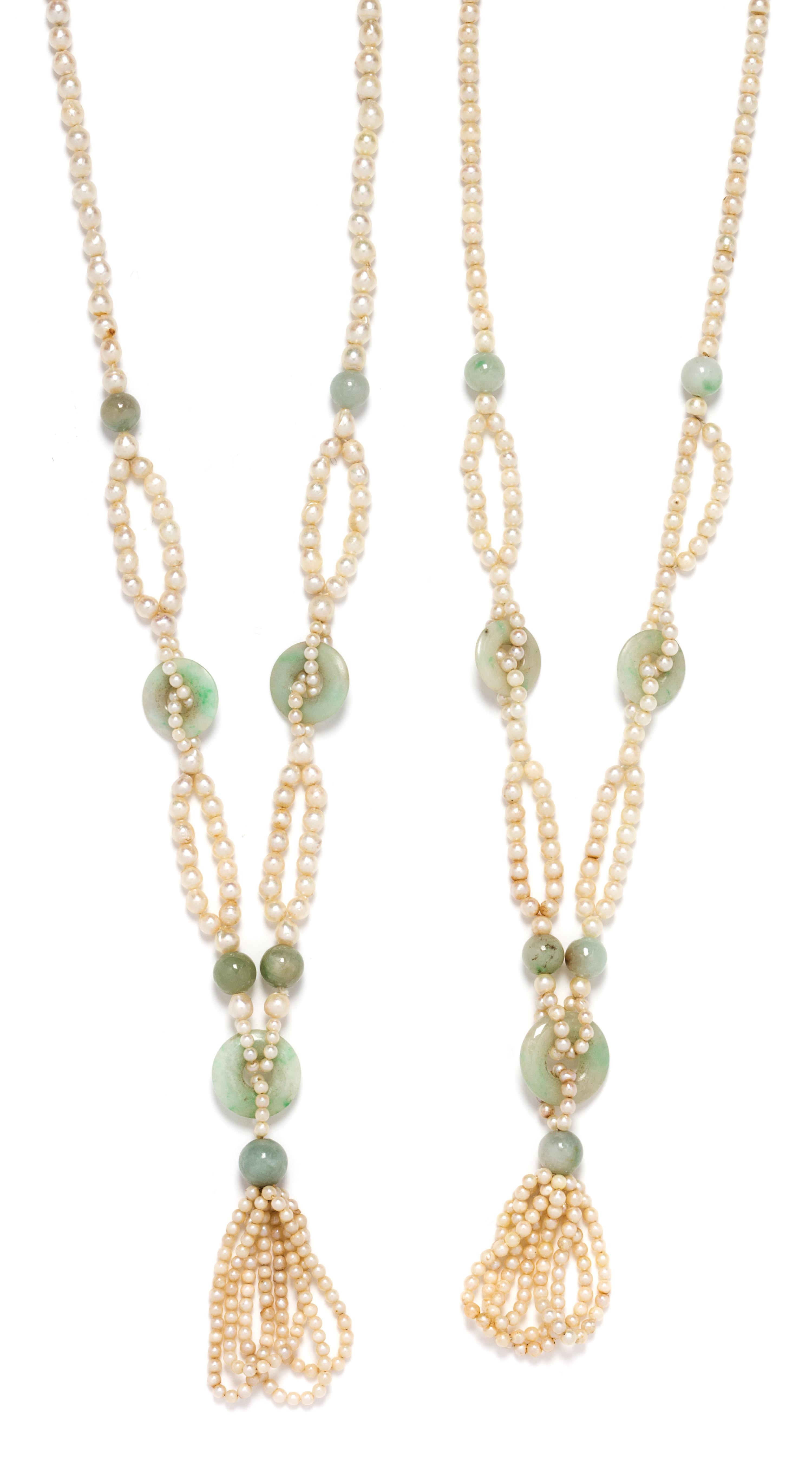 A Pair of Cultured Pearl and Jadeite Jade Tassel Necklaces,