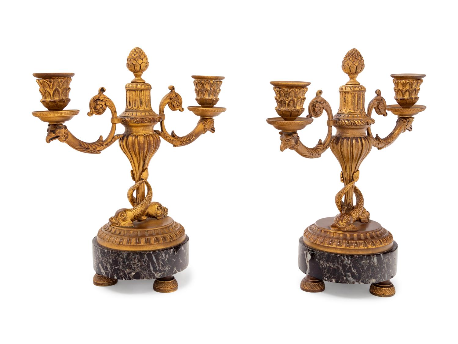 A Pair of French Gilt Bronze and Marble Two-Light Candelabra