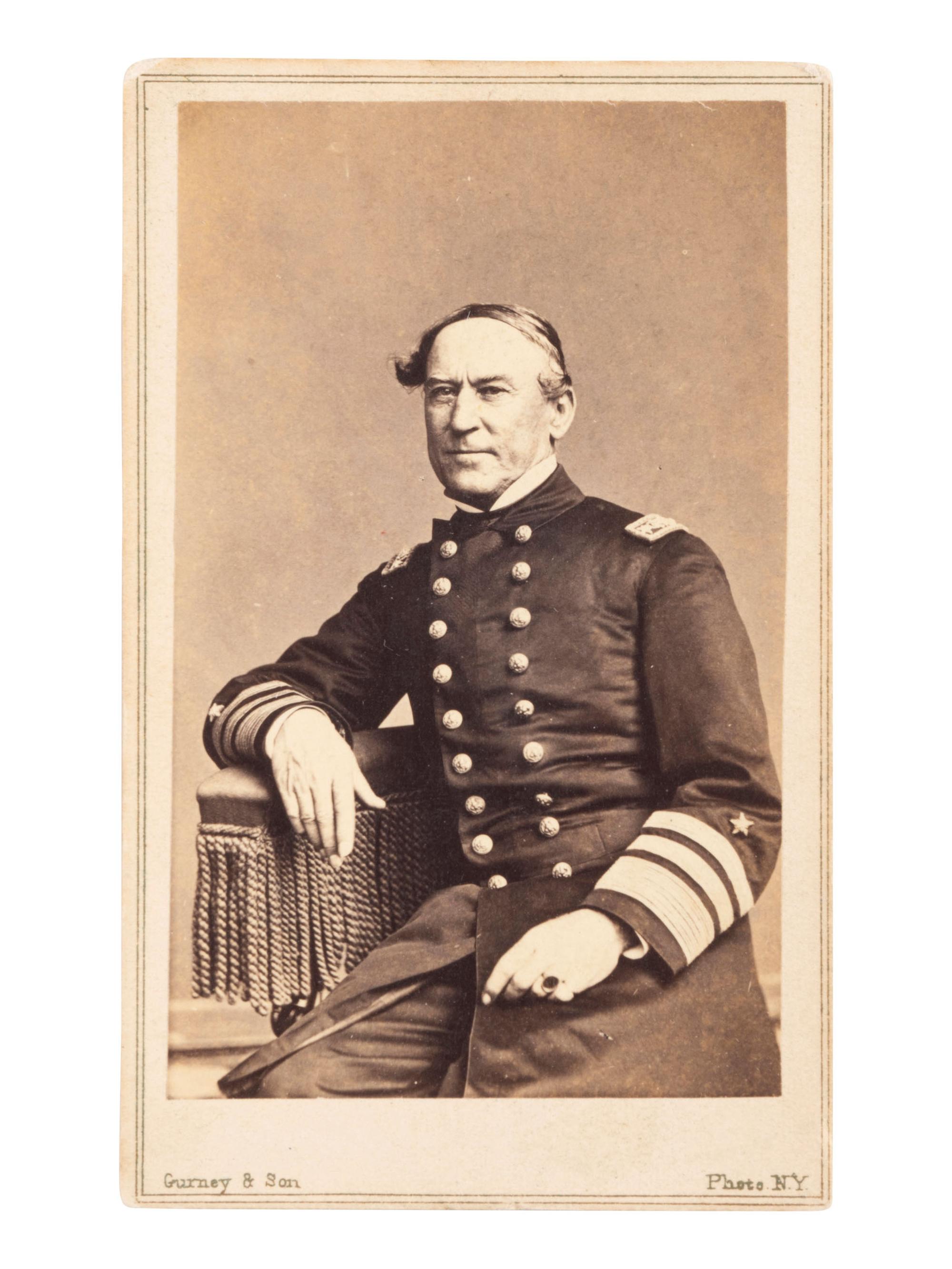 [CIVIL WAR]. FARRAGUT, David G. (1801-1870). CDV inscribed, dated, and signed on verso (“D.G. Farragut”) as Vice Admiral, 22 October 1865. New York: J. Gurney & Son, ca 1865.