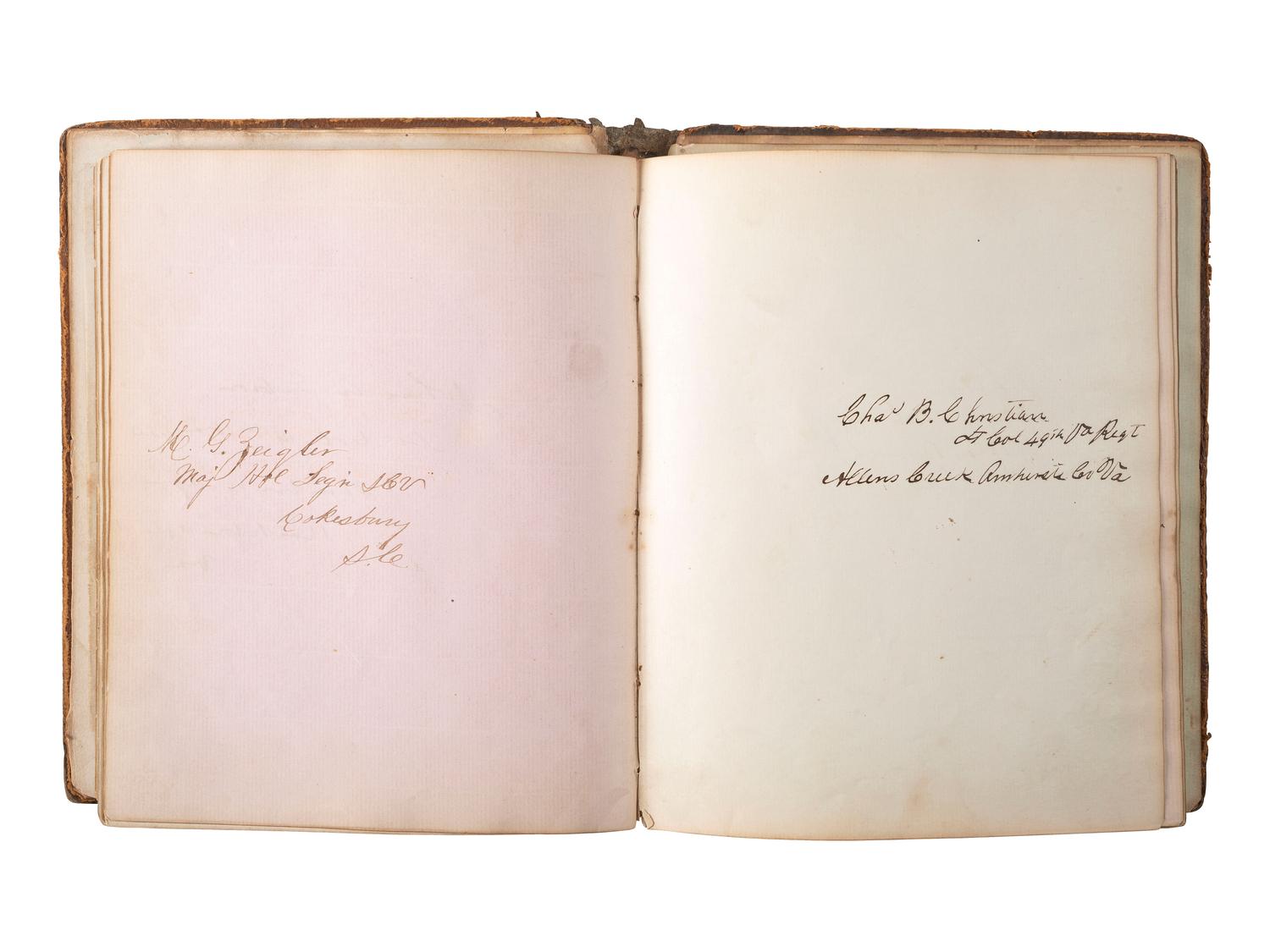 [CIVIL WAR]. An autograph album, ca 1863-1865, featuring the signatures of Confederate POWs held at Fort Delaware, including soldiers from "The Immortal Six Hundred."