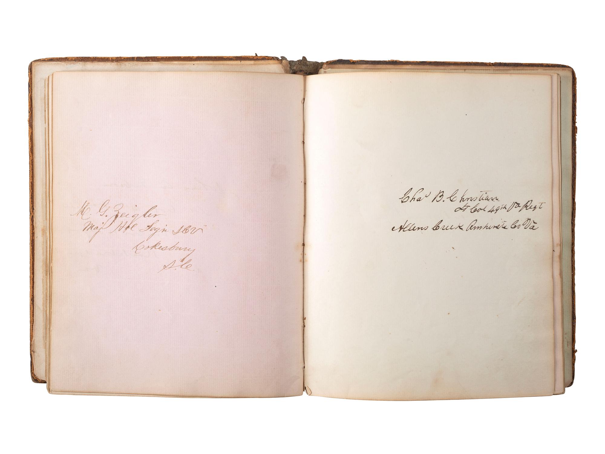[CIVIL WAR]. An autograph album, ca 1863-1865, featuring the signatures of Confederate POWs held at Fort Delaware, including soldiers from "The Immortal Six Hundred."