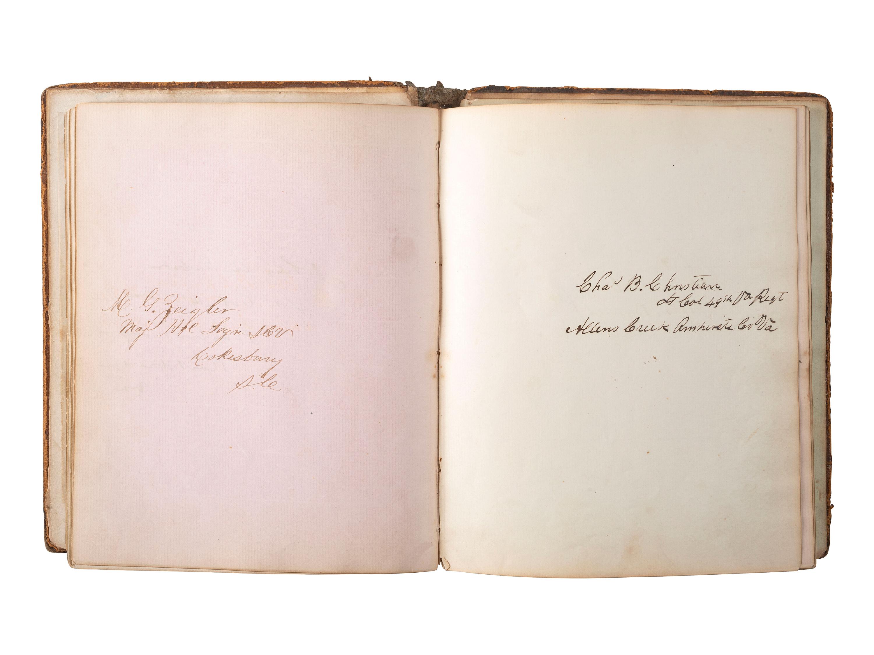 [CIVIL WAR]. An autograph album, ca 1863-1865, featuring the signatures of Confederate POWs held at Fort Delaware, including soldiers from "The Immortal Six Hundred."